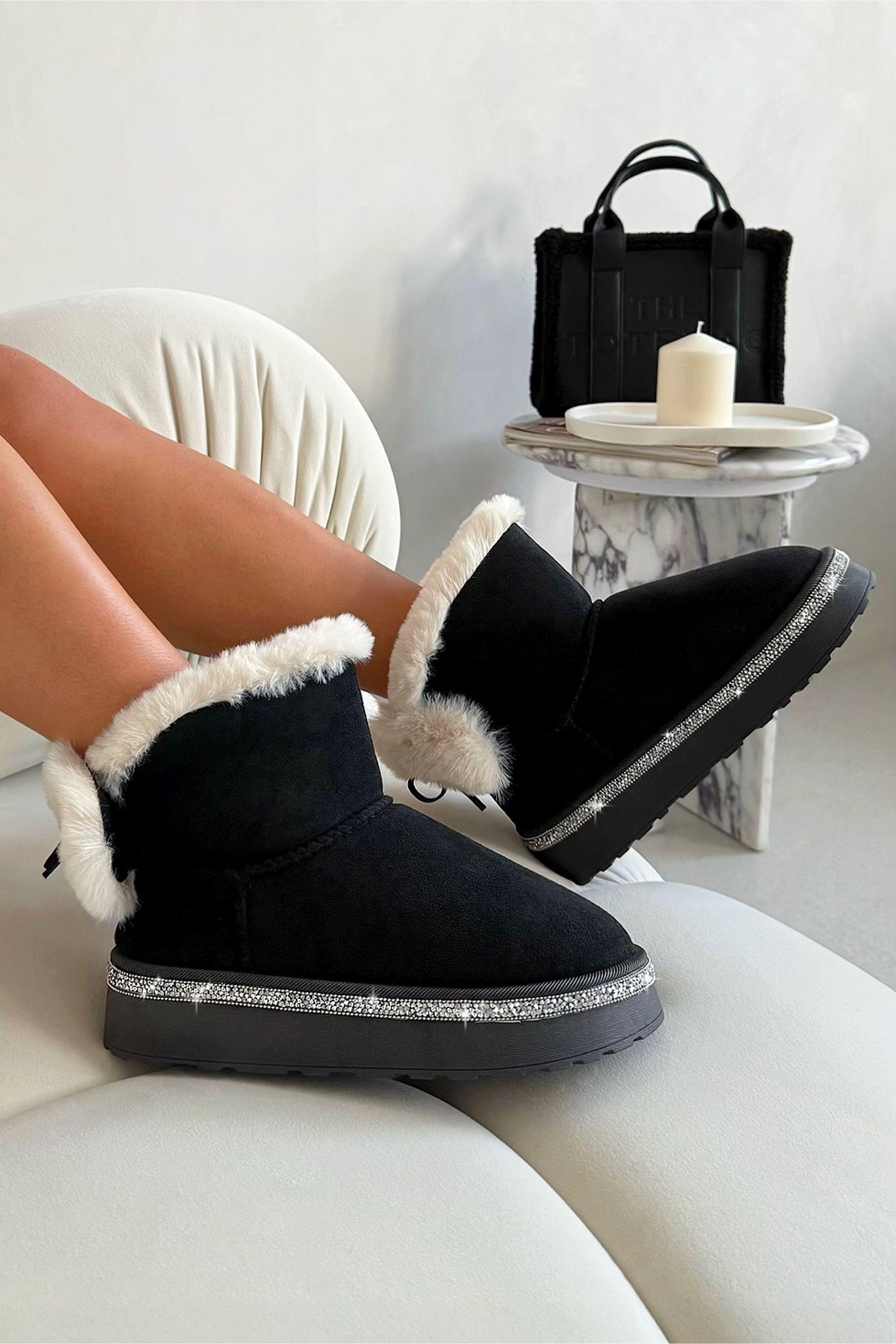Crystal Faux Fur Bow Snugg Boots by LOVE LEMONADE