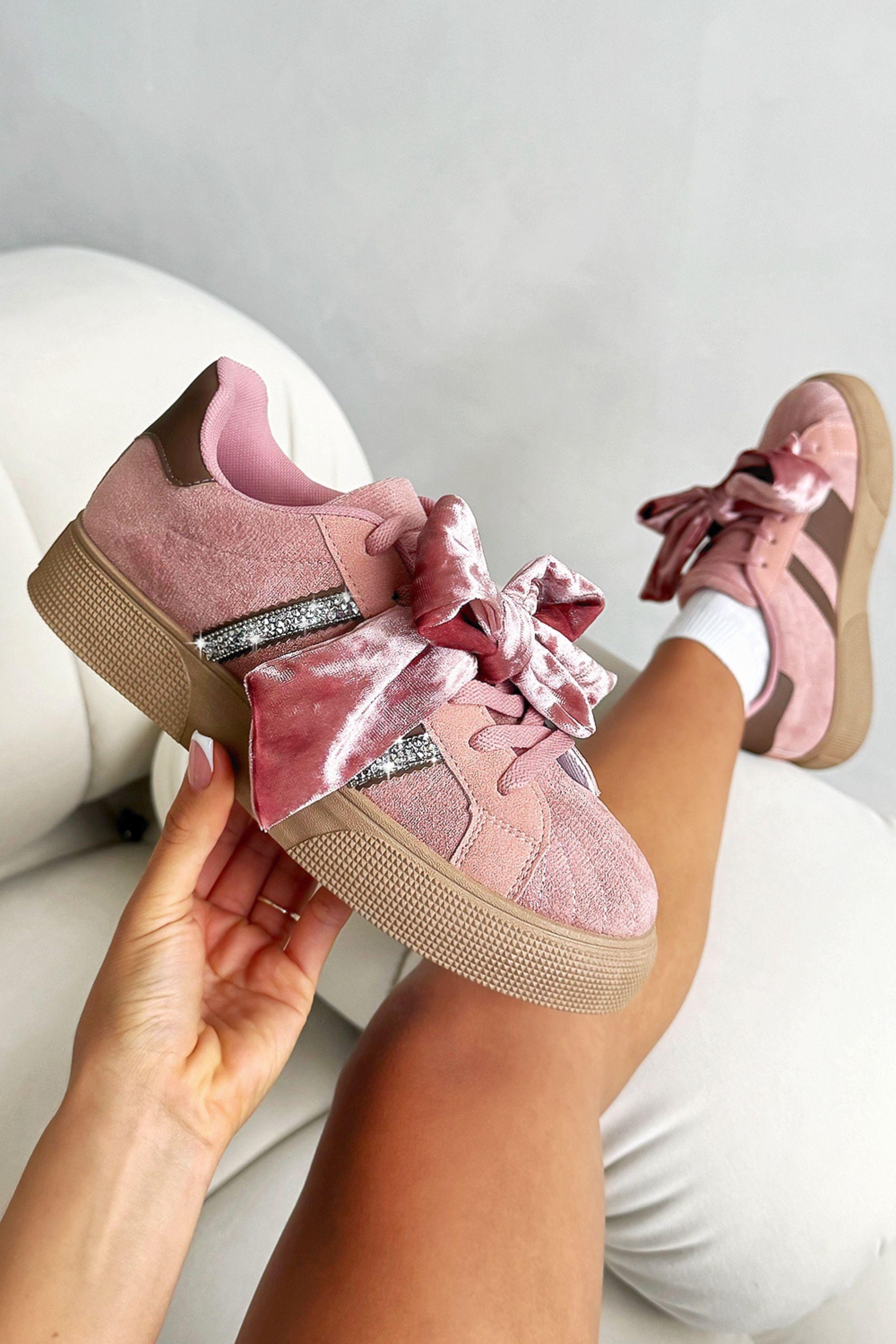 Crystal Plush Bow Stripe Trainers by LOVE LEMONADE
