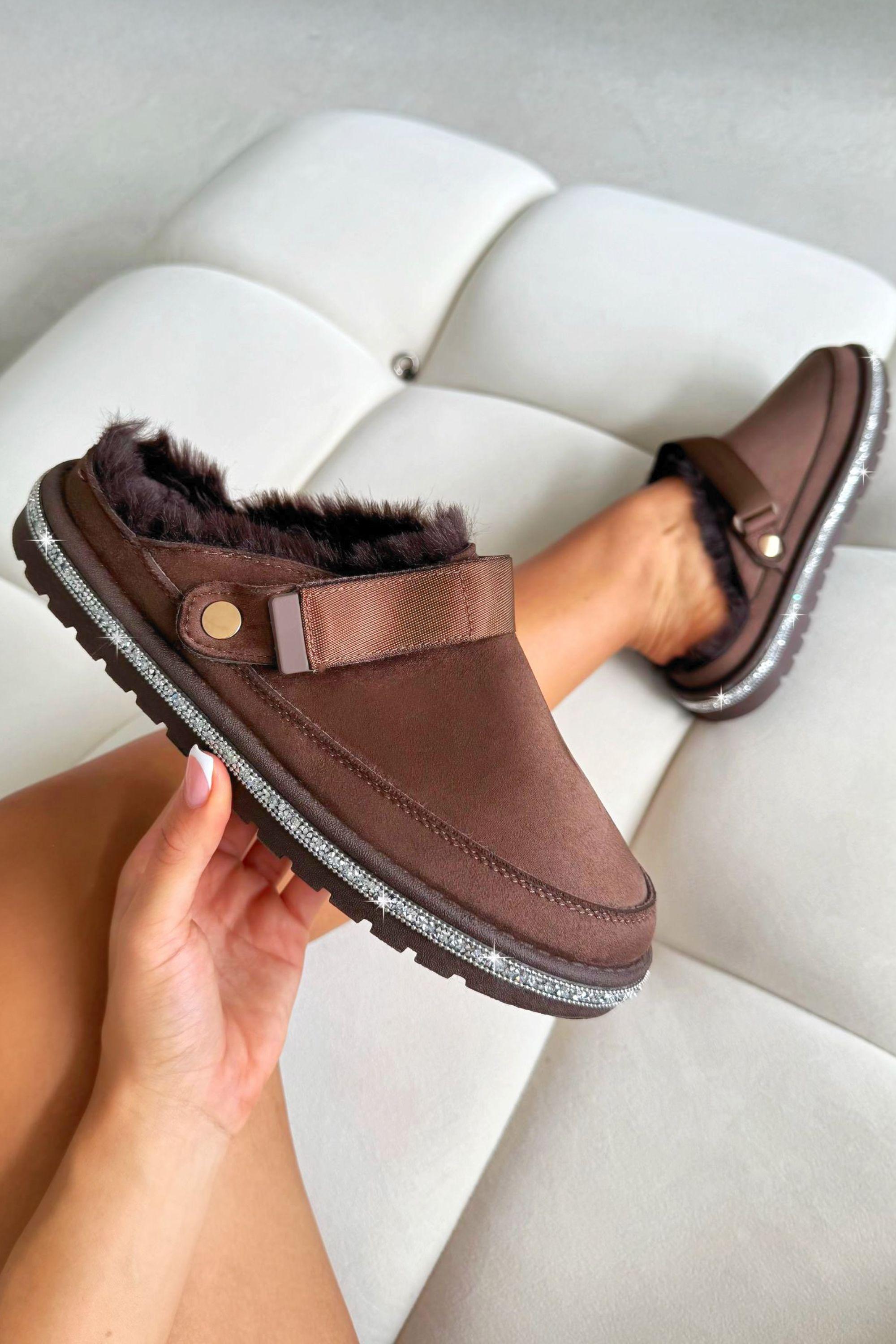 Crystal Trim Cosy Winter Slipper Mules by LOVE LEMONADE