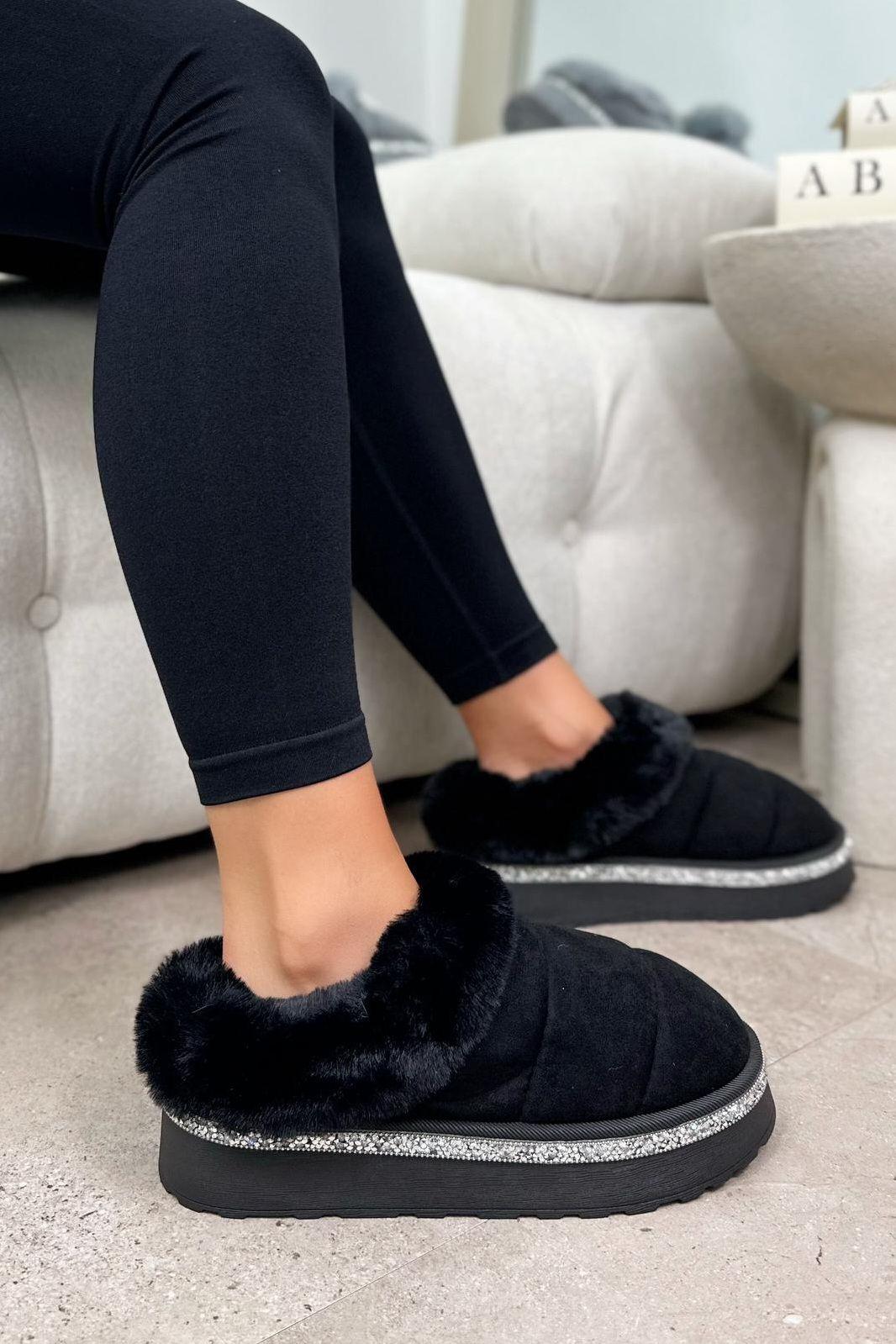 Crystal Trim Faux Fur Soft Touch Slippers by LOVE LEMONADE