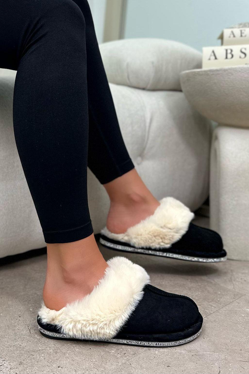 Crystal Trim Soft Cosy Faux Fur Lined Slippers by LOVE LEMONADE