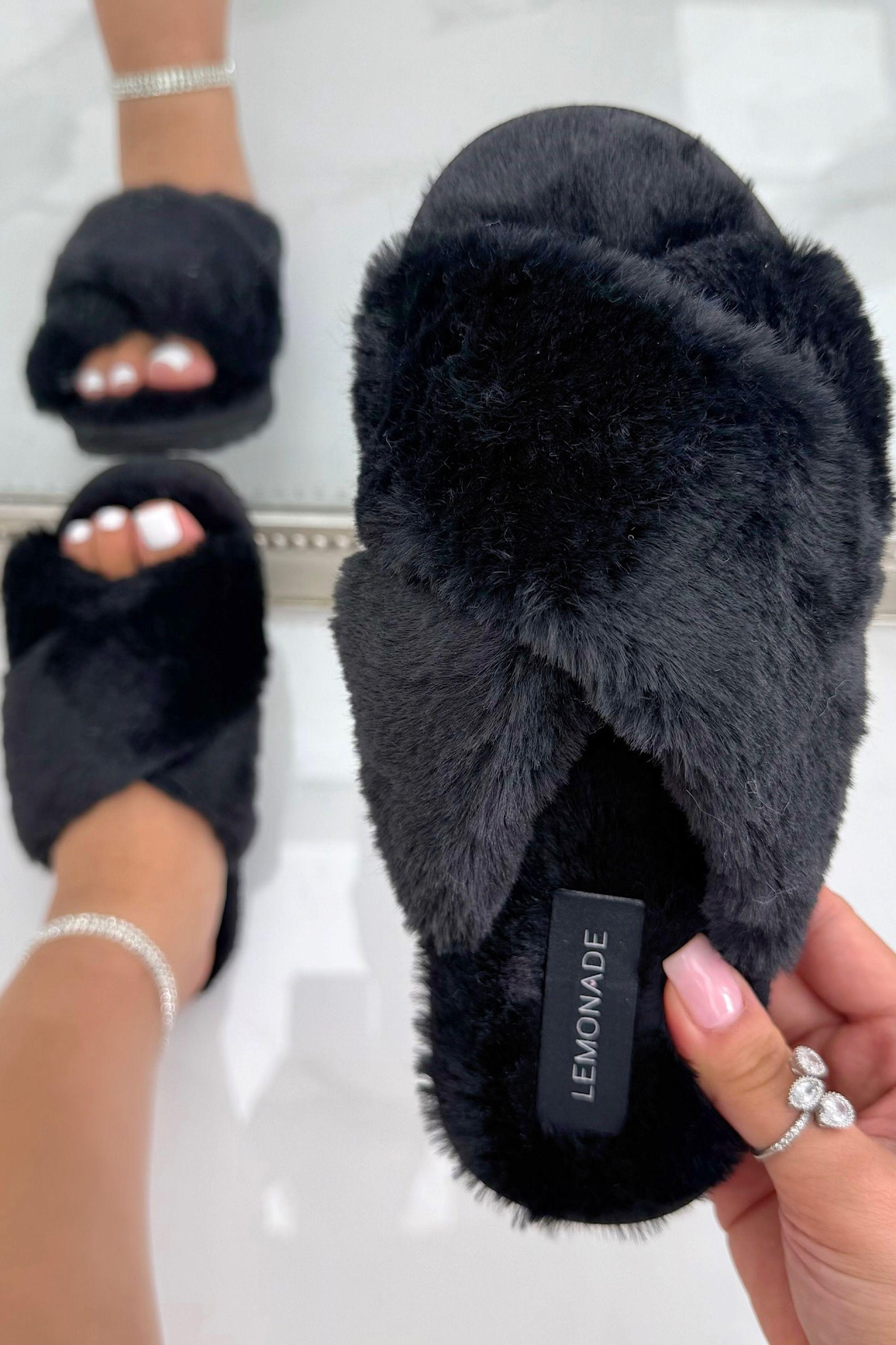 Midnight Luxe Crossband Faux Fur Slippers by LOVE LEMONADE