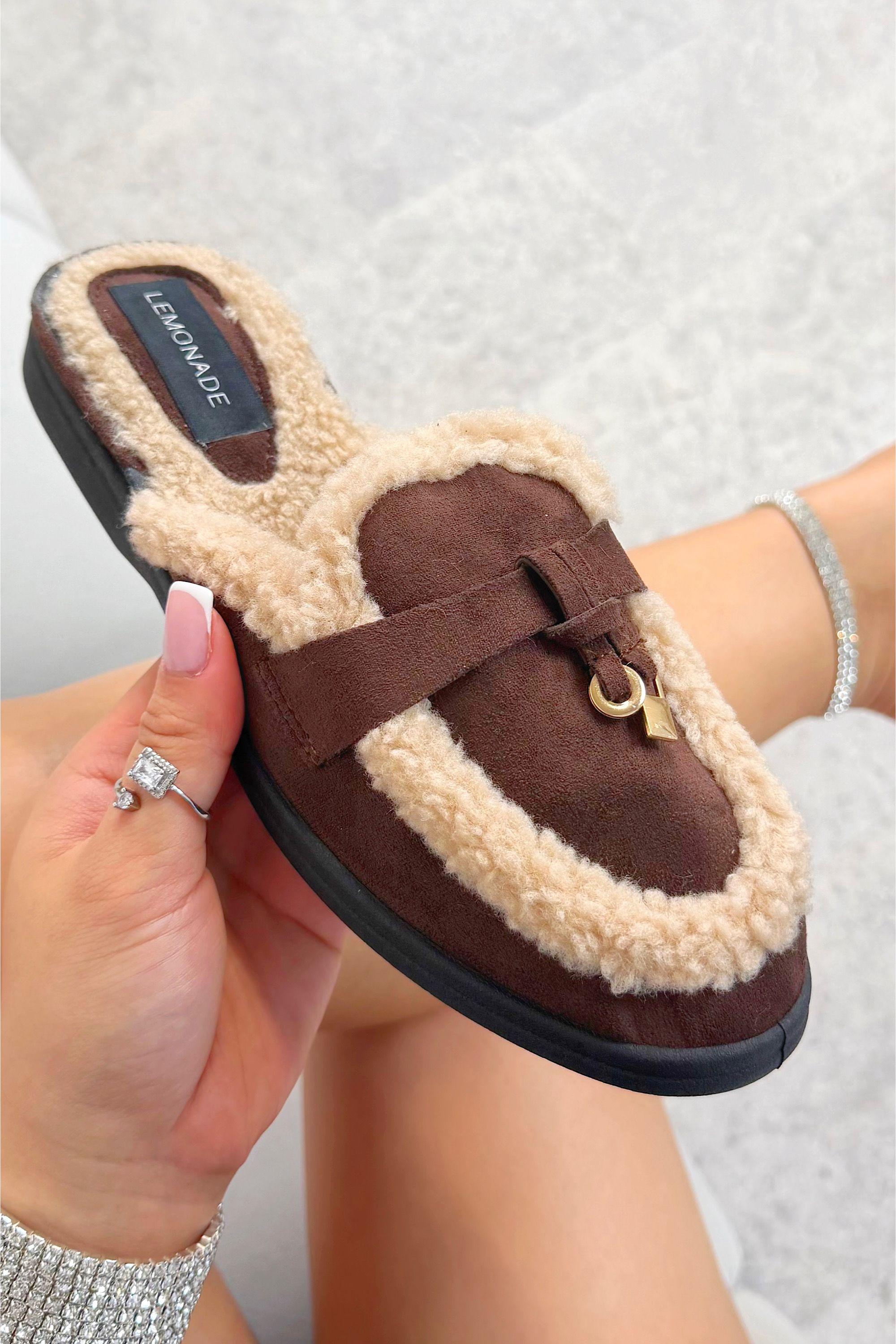 Velvet Crush Teddy Trim Slip On Clog Mules by LOVE LEMONADE