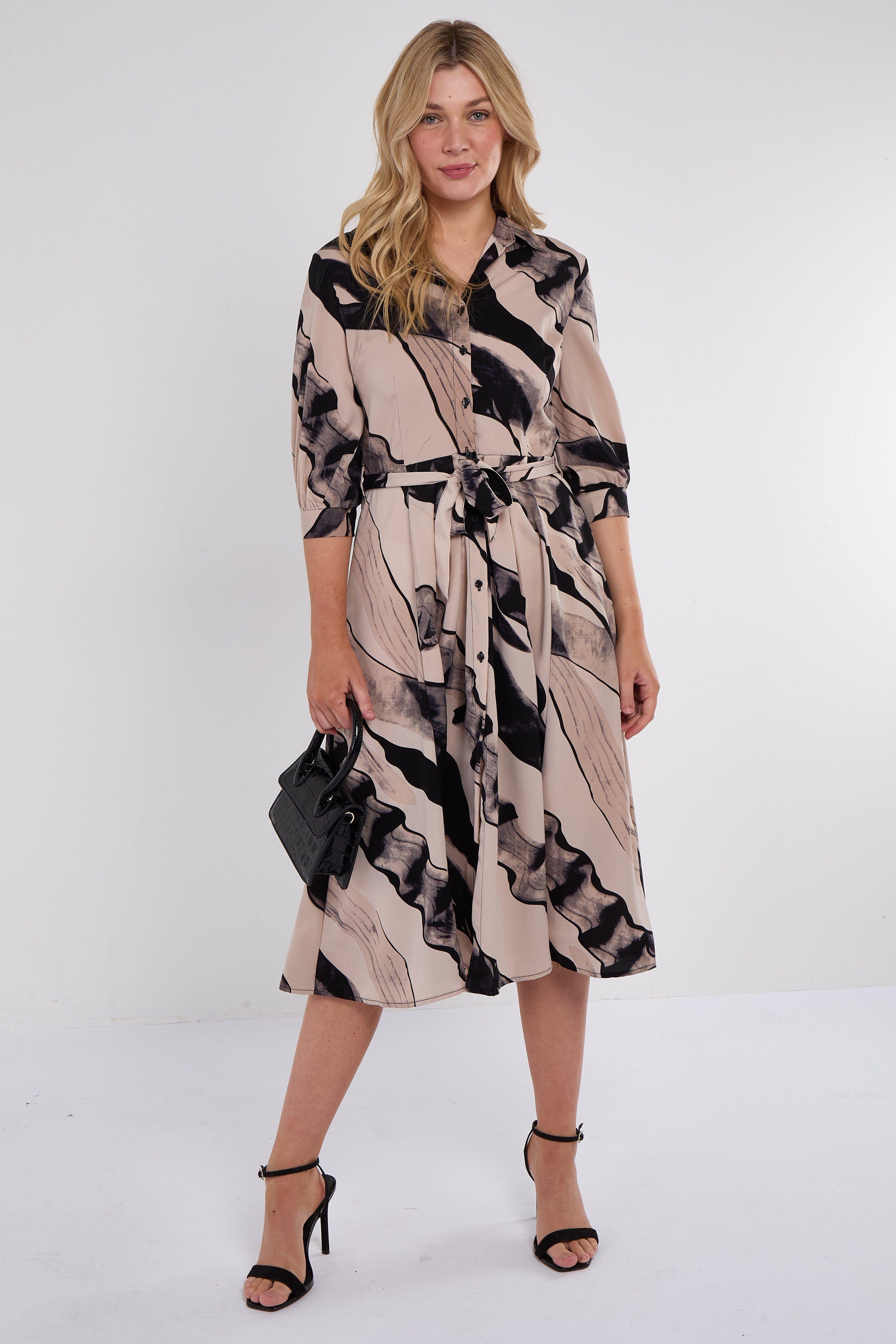 Beige Abstract Print Half Sleeve Black Midi Shirt Dress by LOVE SUNSHINE