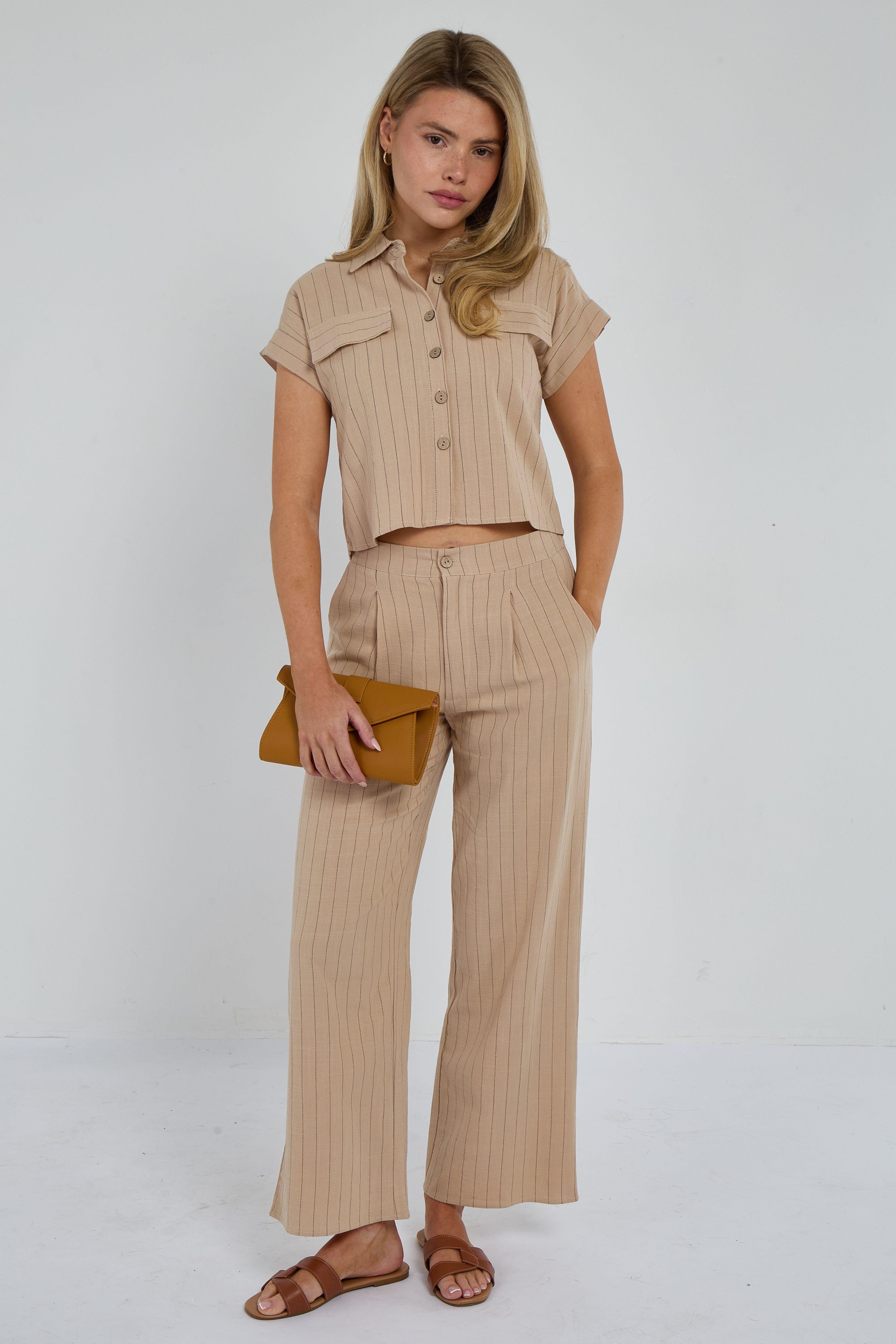 Beige Pinstripe Linen Shirt and Trousers set by LOVE SUNSHINE Beige Pinstripe Linen Shirt and Trousers set by LOVE SUNSHINE