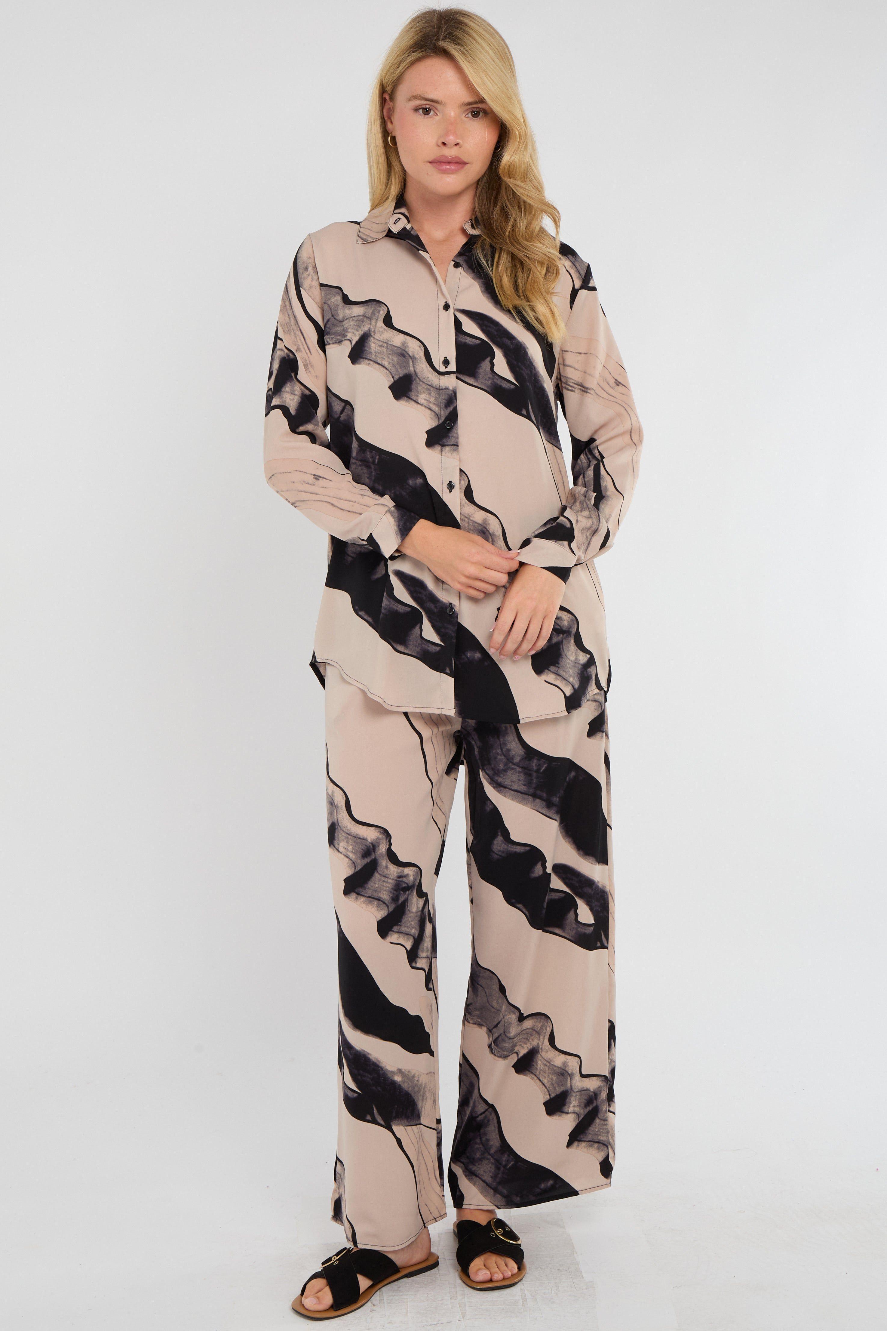 Beige and Black Abstract Brushstroke Print Co-Ord Set by LOVE SUNSHINE