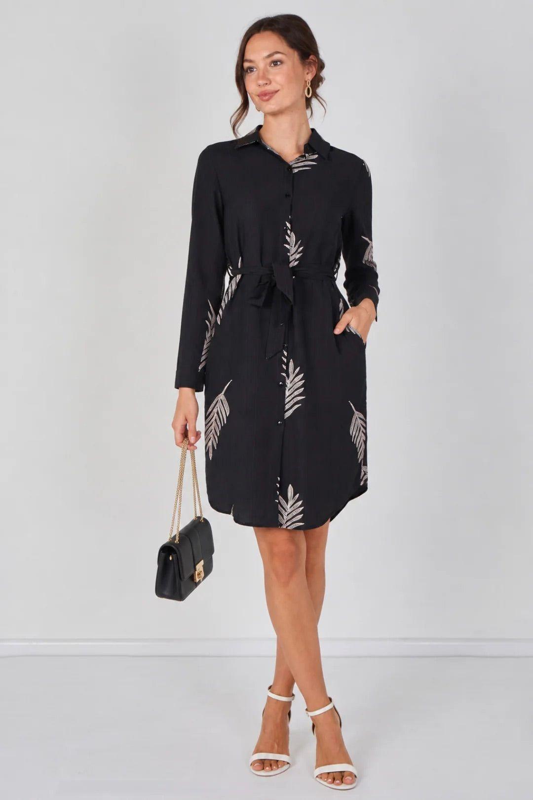 Black Botanical Leaf Print Belted Shirt Dress by LOVE SUNSHINE