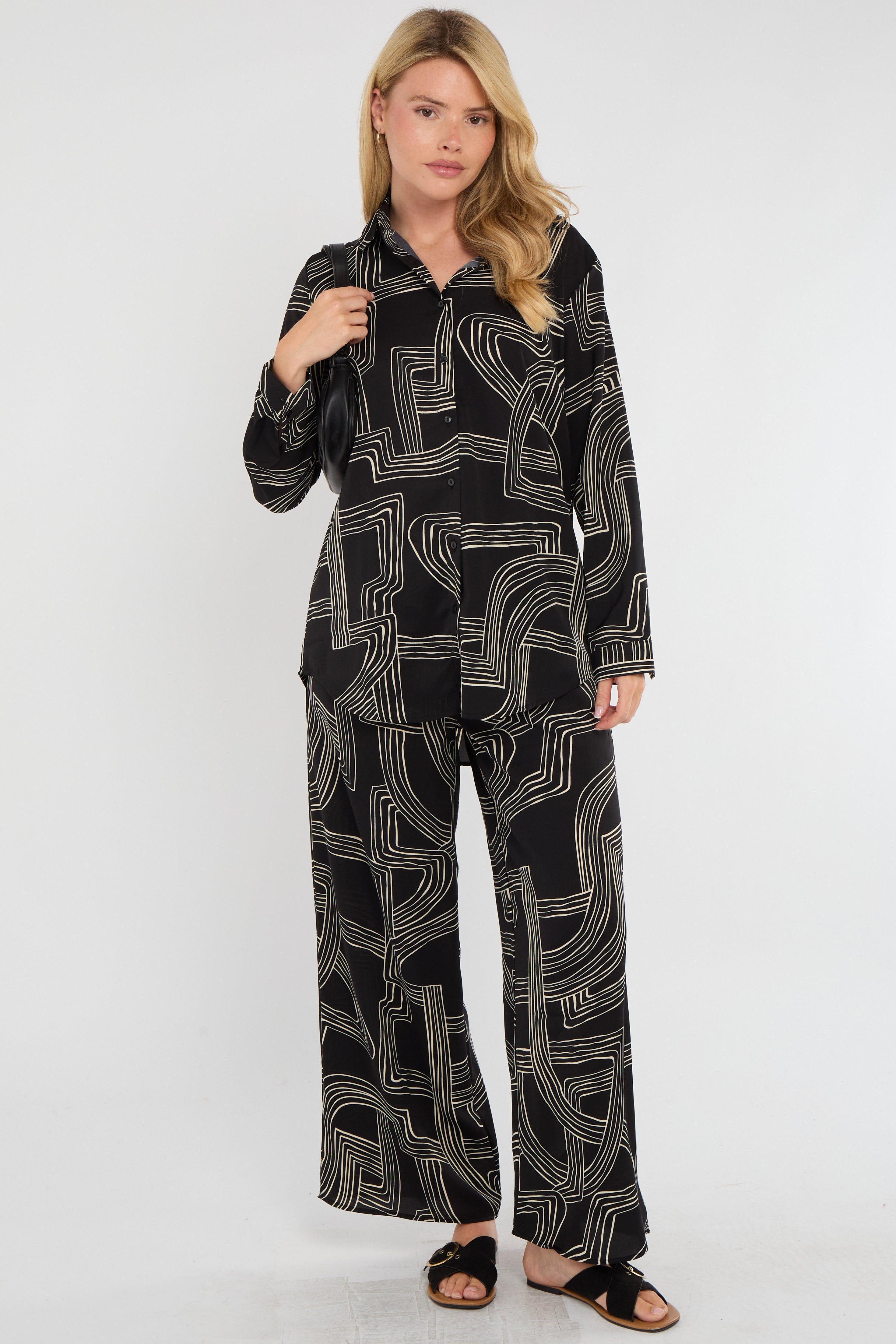 Black Geometric Maze Print Co-ord Shirt and Trousers Set by LOVE SUNSHINE
