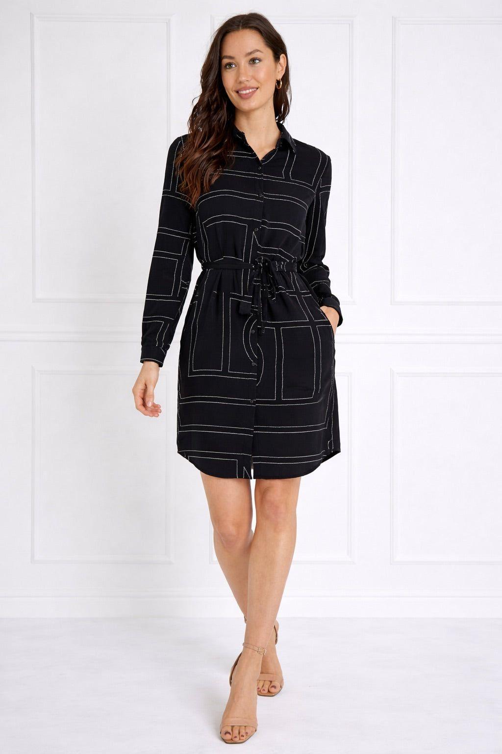 Black Geometric Print Belted Mini Shirt Dress by LOVE SUNSHINE