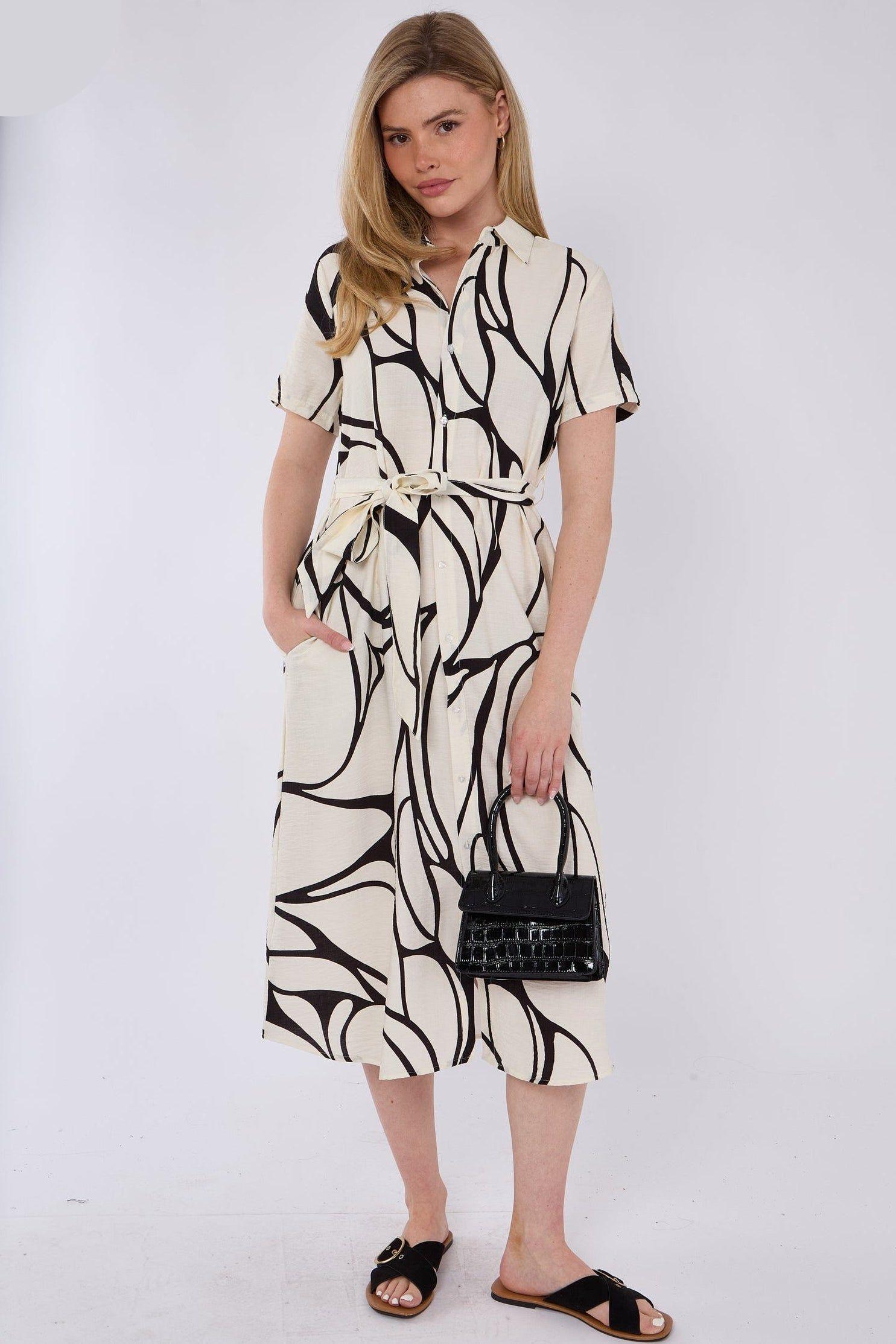 Black Graphic Wave Print Short Sleeve Midi Shirt Dress by LOVE SUNSHINE