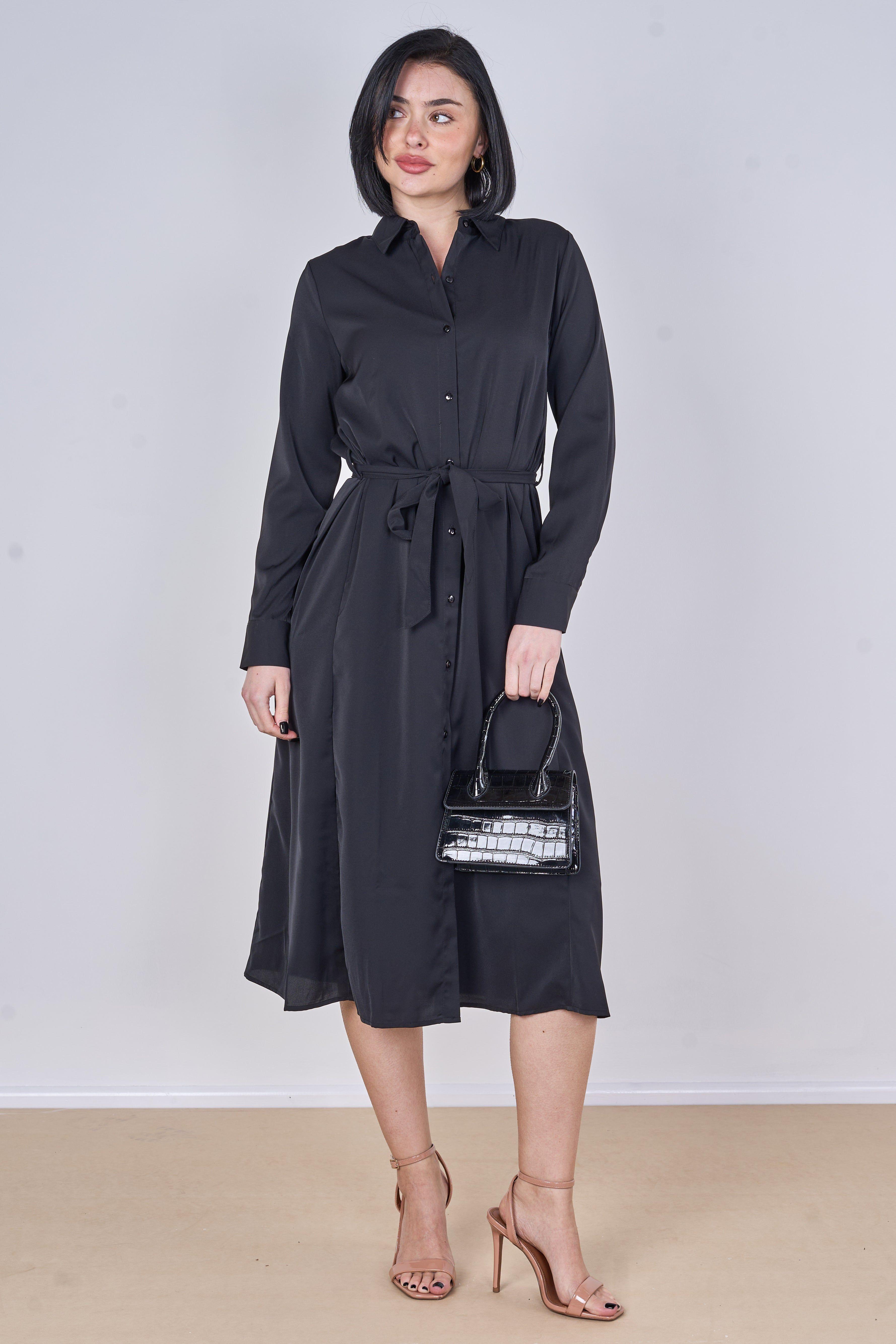 Black Plain Belted Midi Shirt Dress by LOVE SUNSHINE