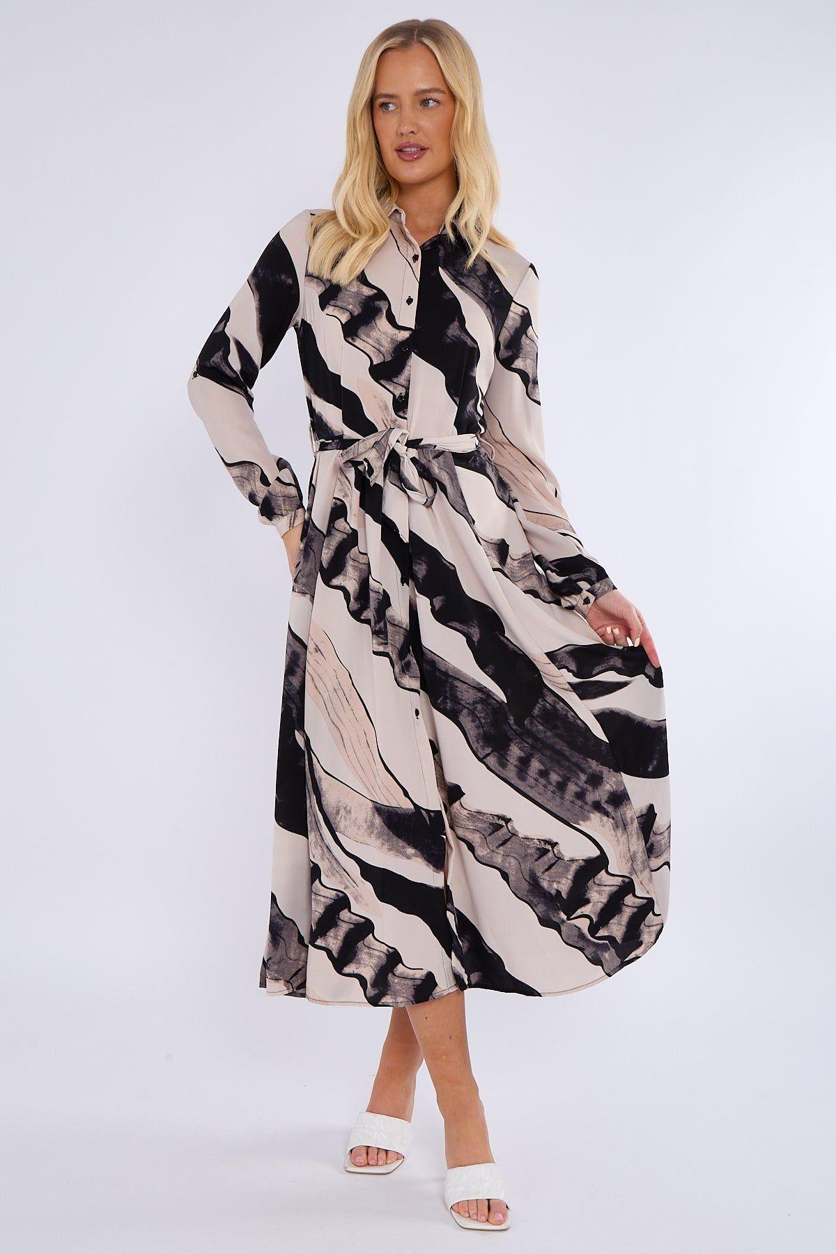 Black and Beige Abstract Print Midaxi Shirt Dress by LOVE SUNSHINE