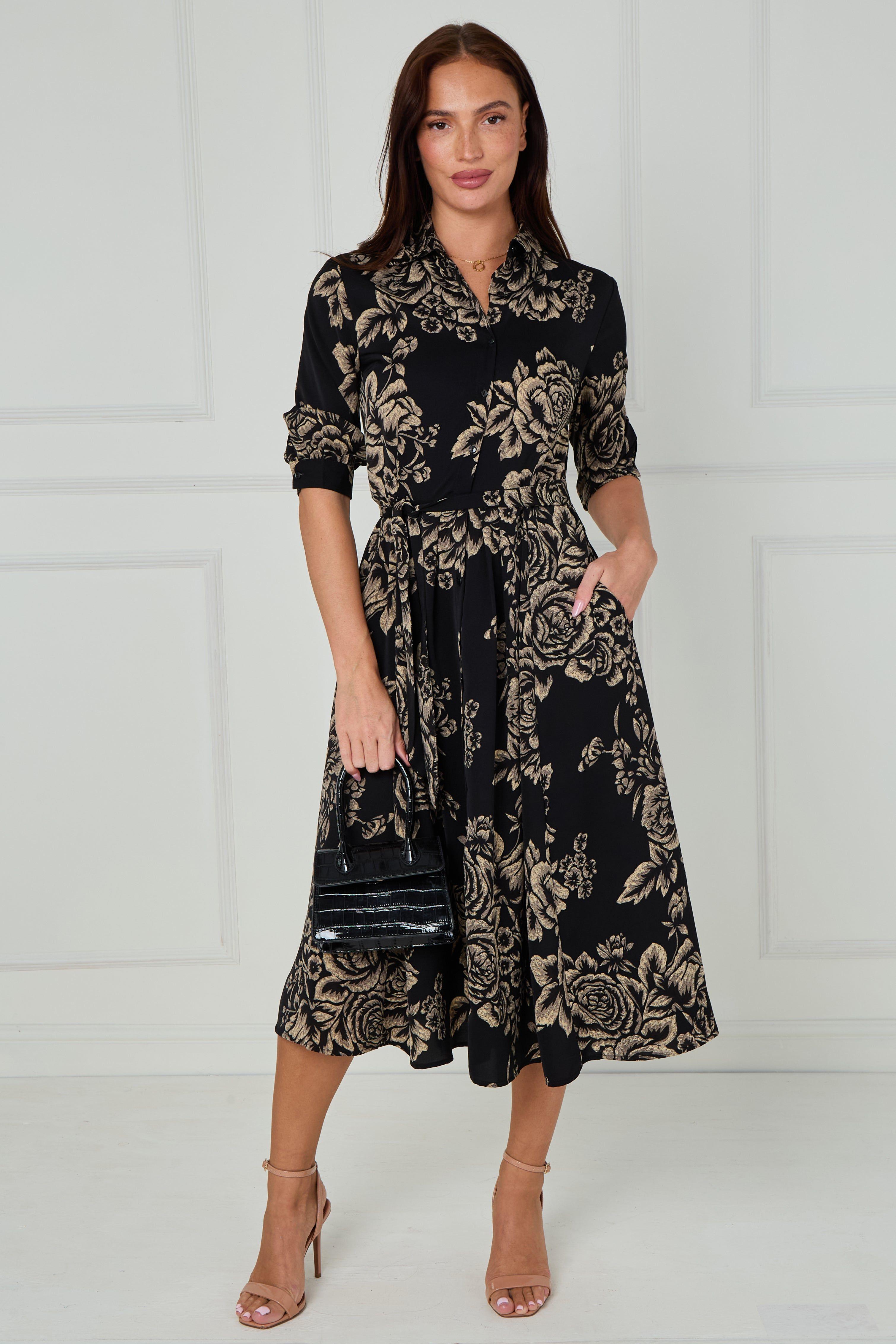 Black and Beige Rose Print Midi Shirt Dress by LOVE SUNSHINE