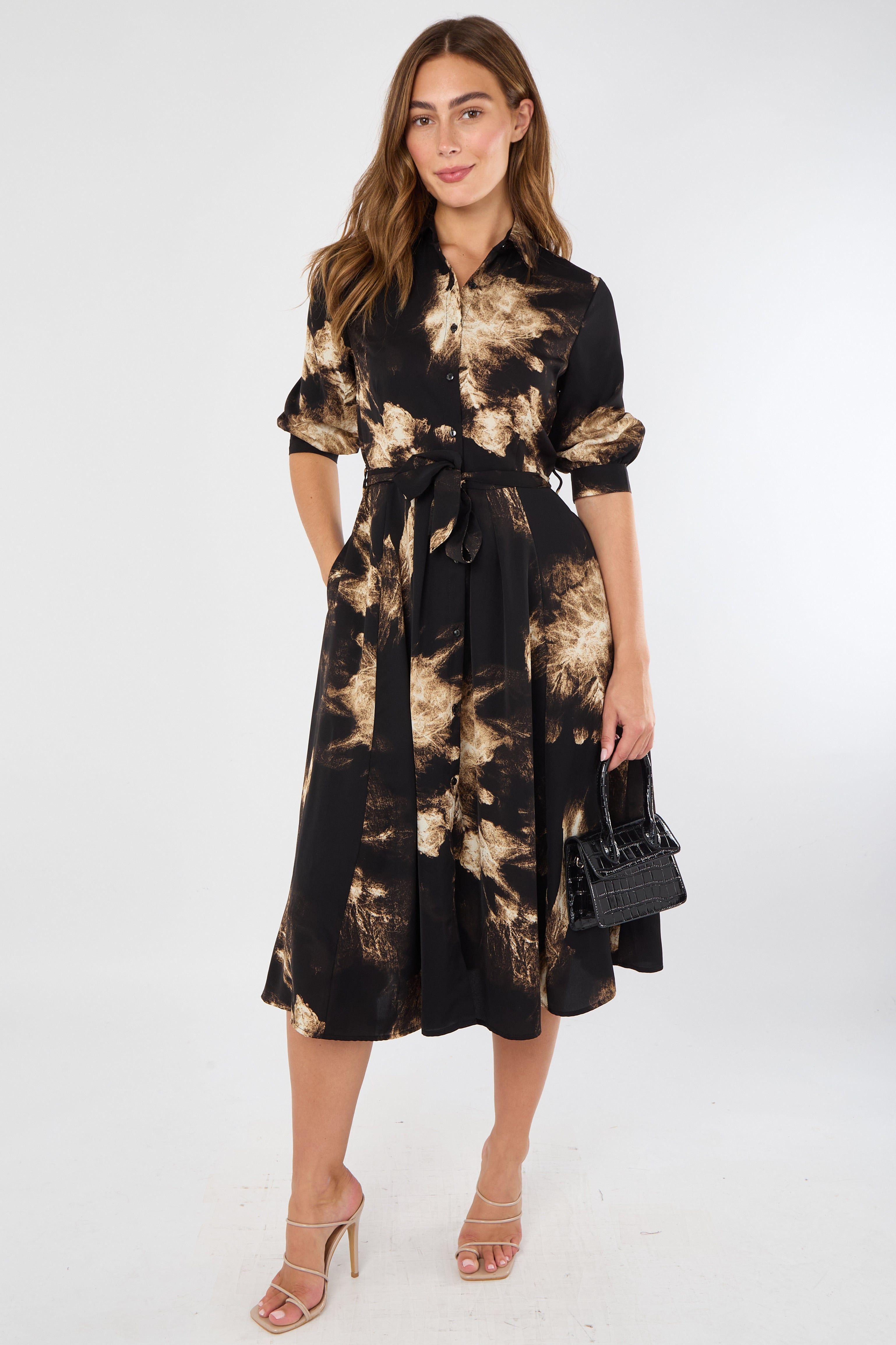 Black and Caramel Tie-Dye Effect Midi Shirt Dress by LOVE SUNSHINE