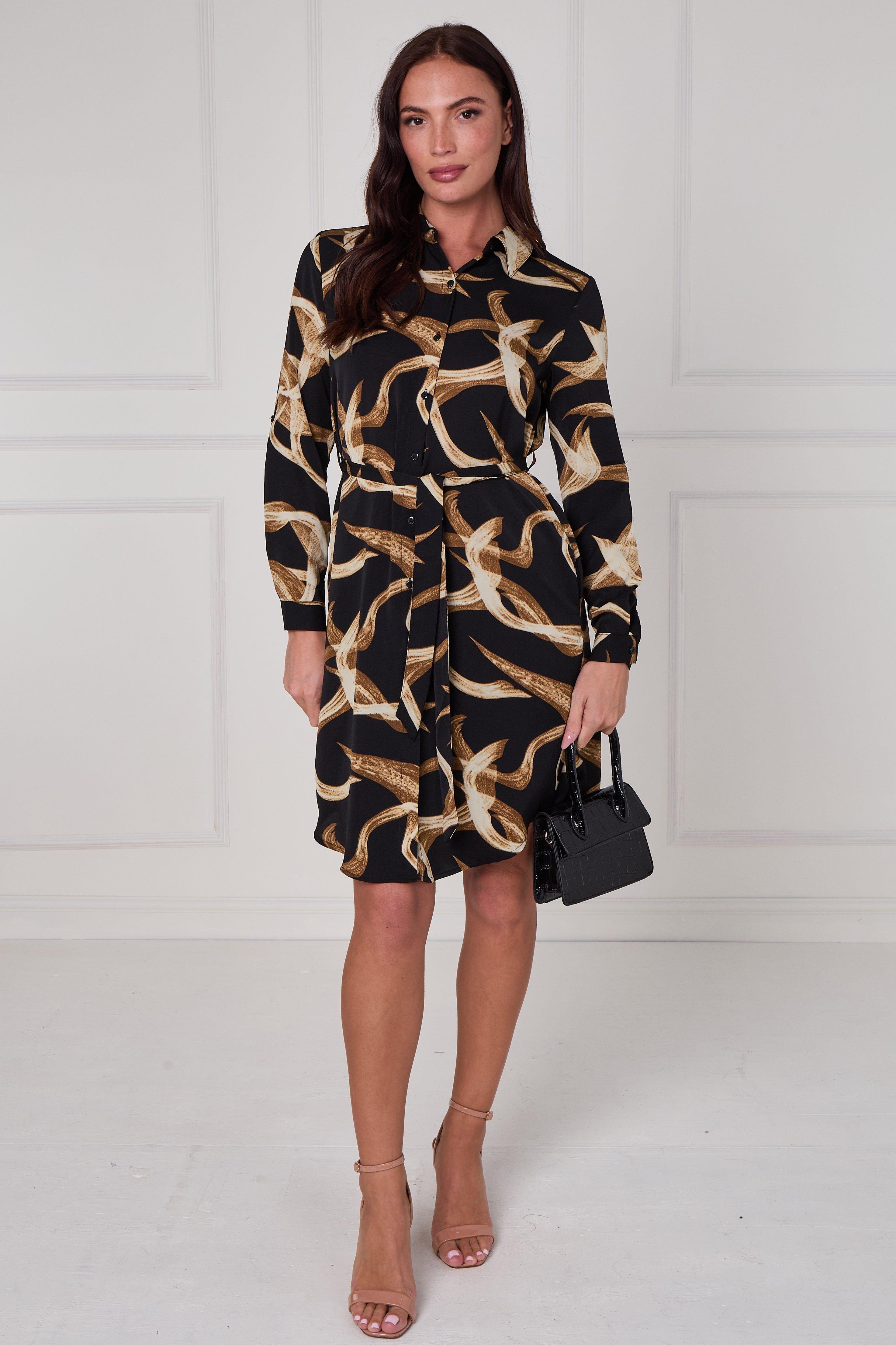 Black and Gold Abstract Swirl Print Mini Shirt Dress by LOVE SUNSHINE