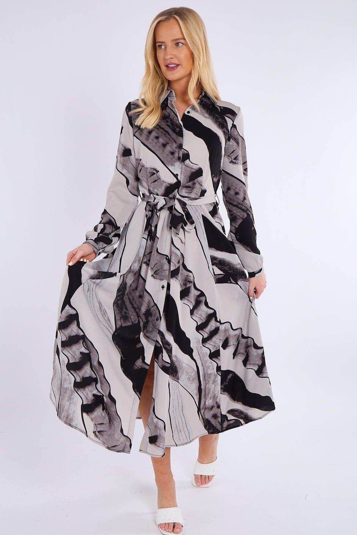 Black and Grey Abstract Print Midaxi Shirt Dress by LOVE SUNSHINE