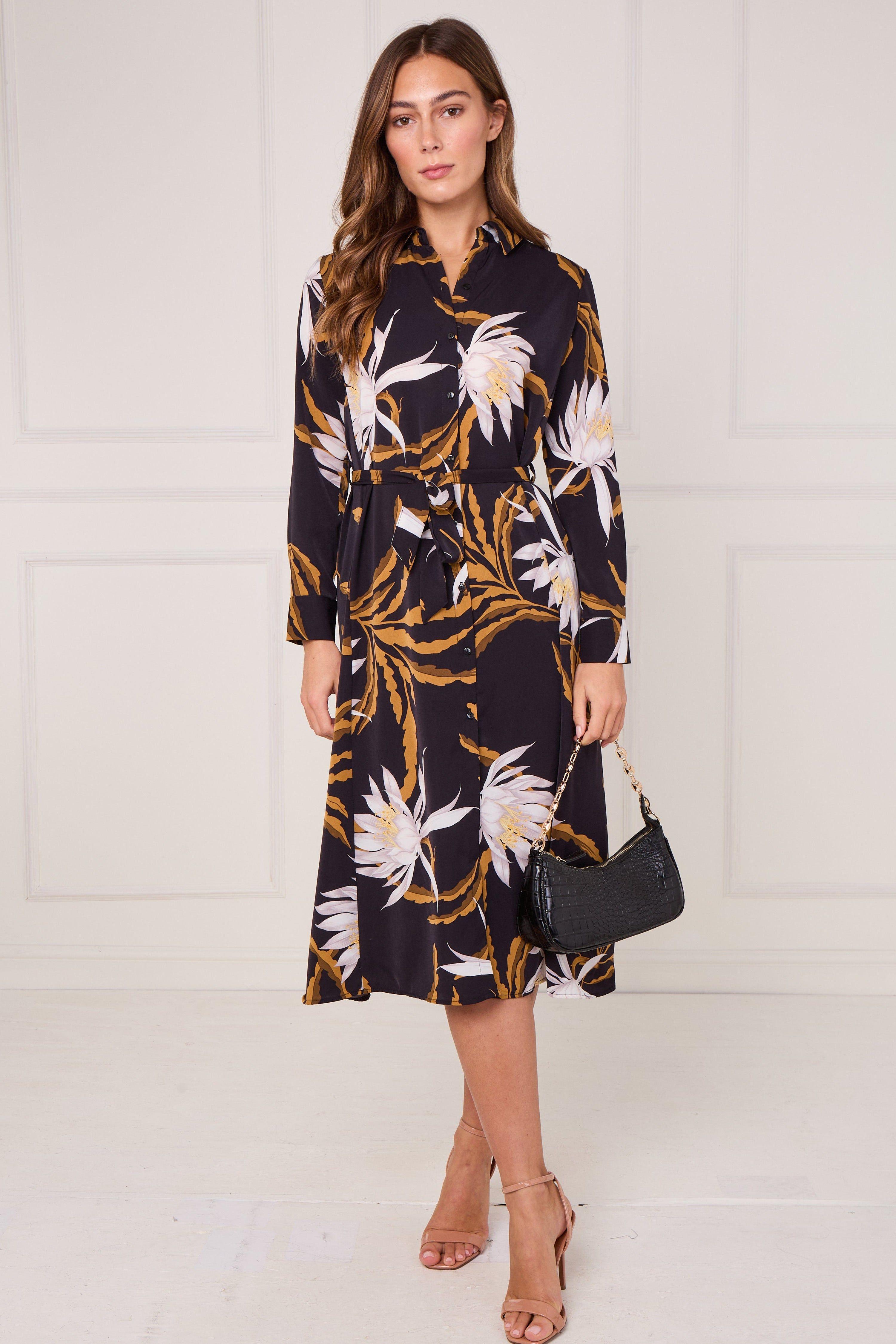Black and Mustard Botanical Floral Print Midi Shirt Dress by LOVE SUNSHINE Black and Mustard Botanical Floral Print Midi Shirt Dress by LOVE SUNSHINE