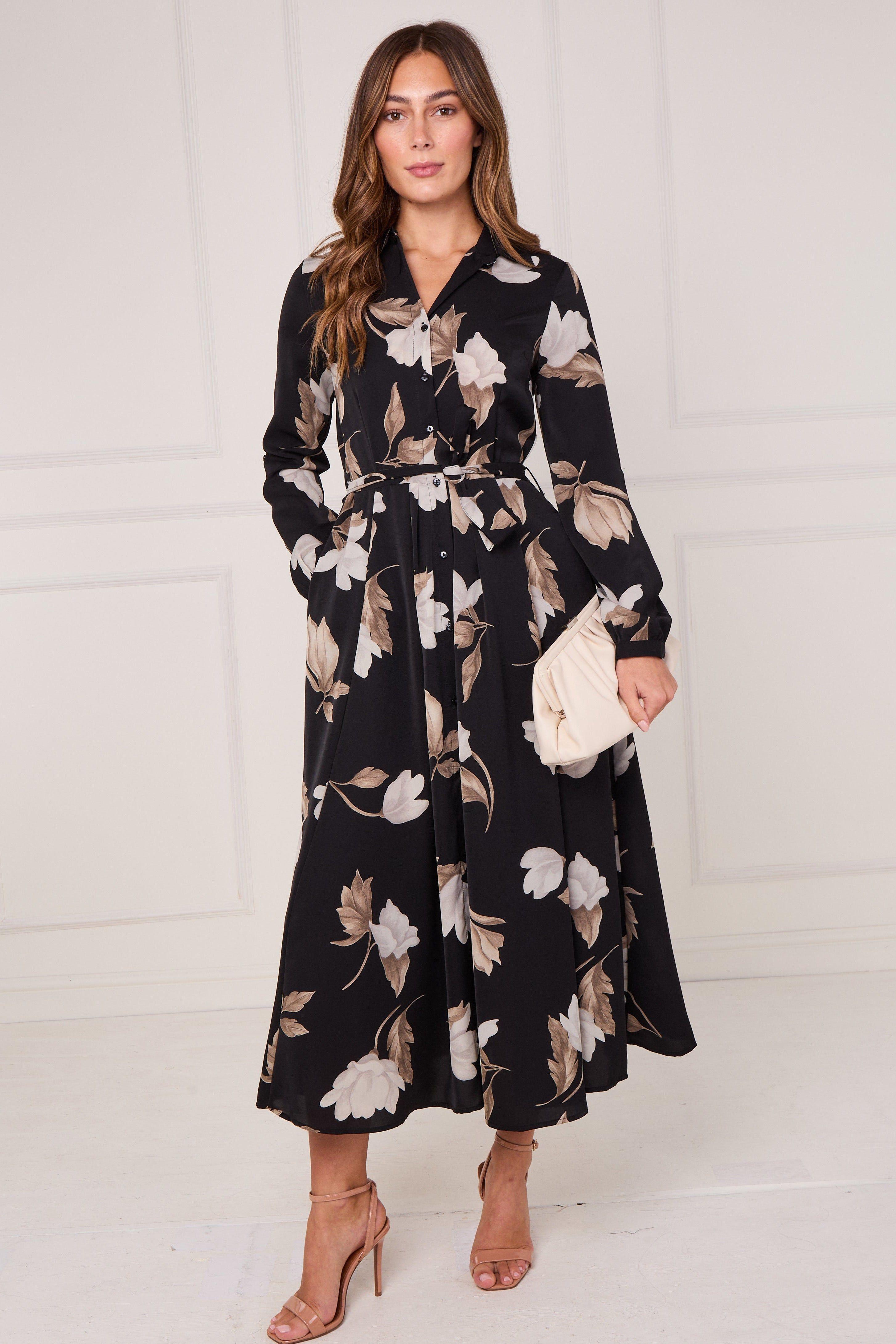 Black and Taupe Magnolia Print Maxi Shirt Dress by LOVE SUNSHINE