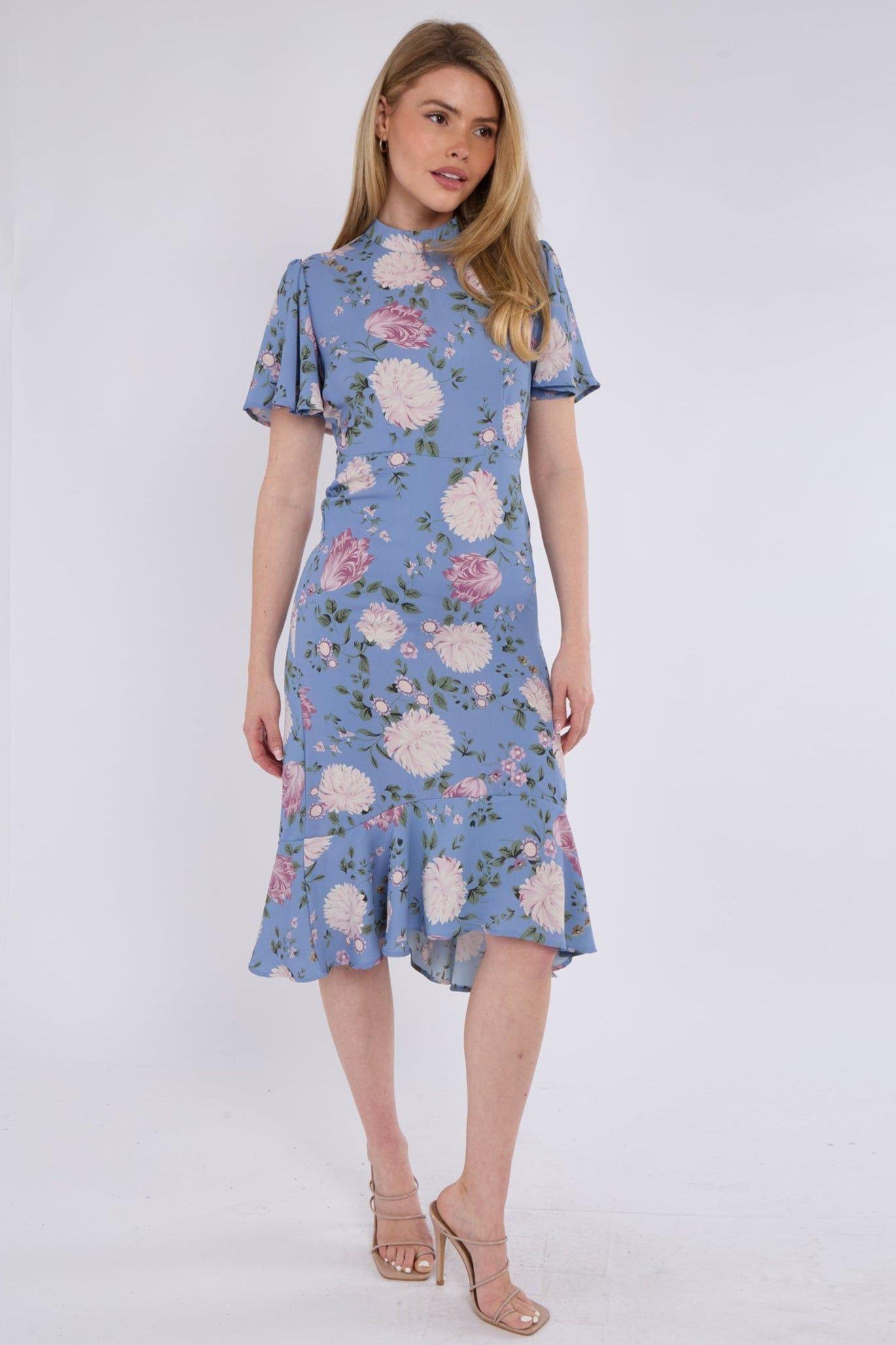 Blue Peony Flutter Sleeve Midi Tea Dress by LOVE SUNSHINE