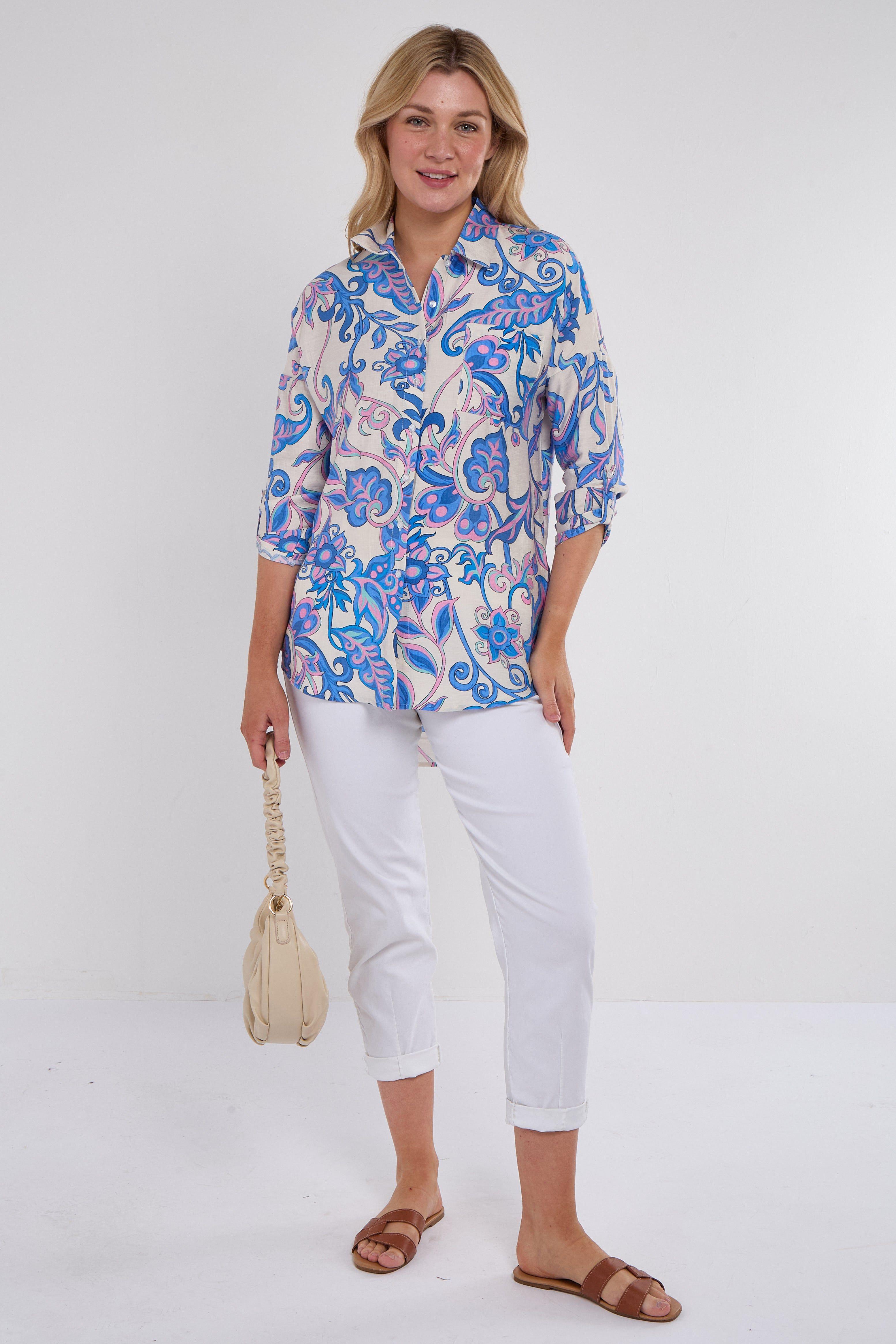 Blue and Pink Swirl Floral Print Long Sleeve Shirt by LOVE SUNSHINE