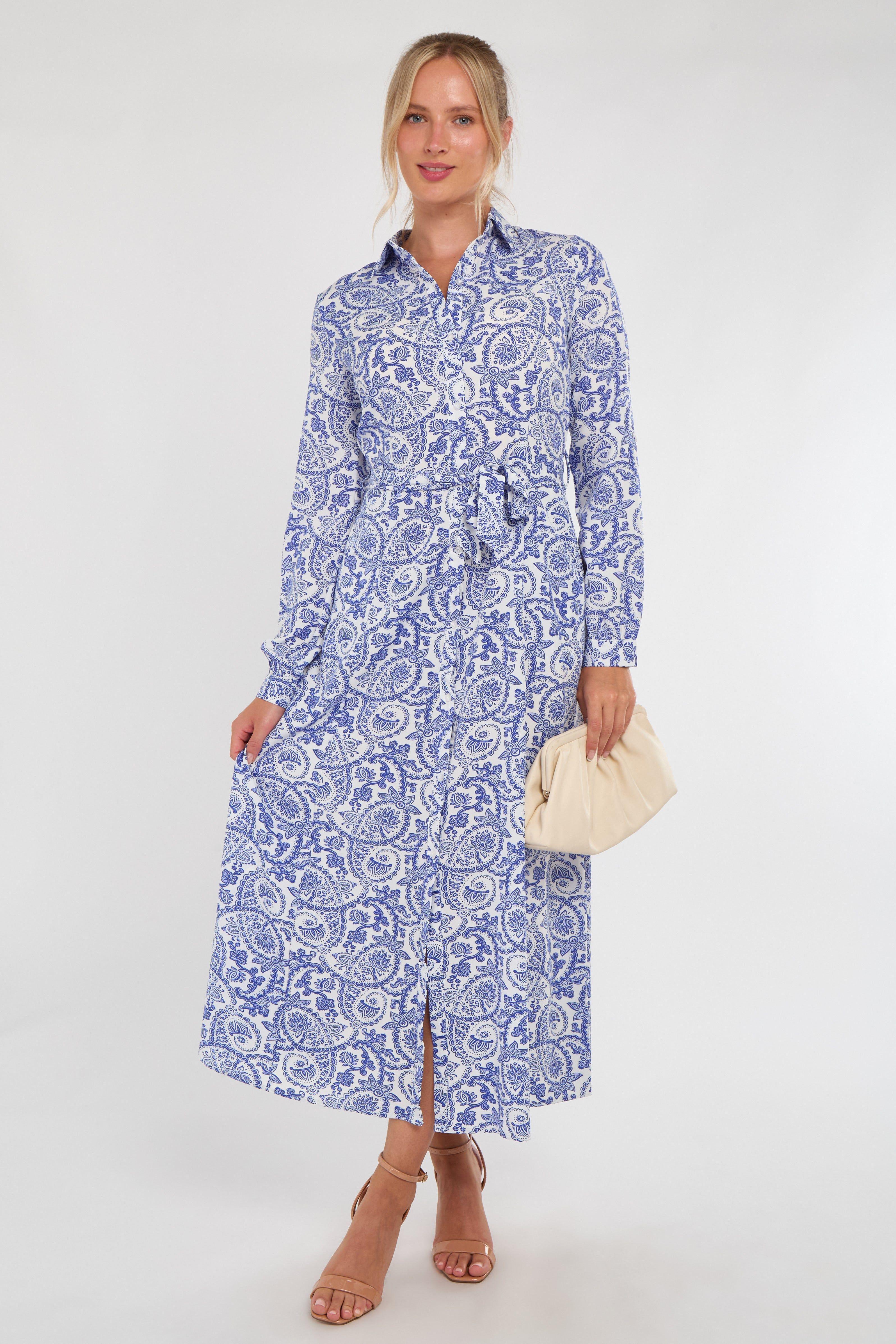 Blue and White Paisley Print Maxi Shirt Dress by LOVE SUNSHINE