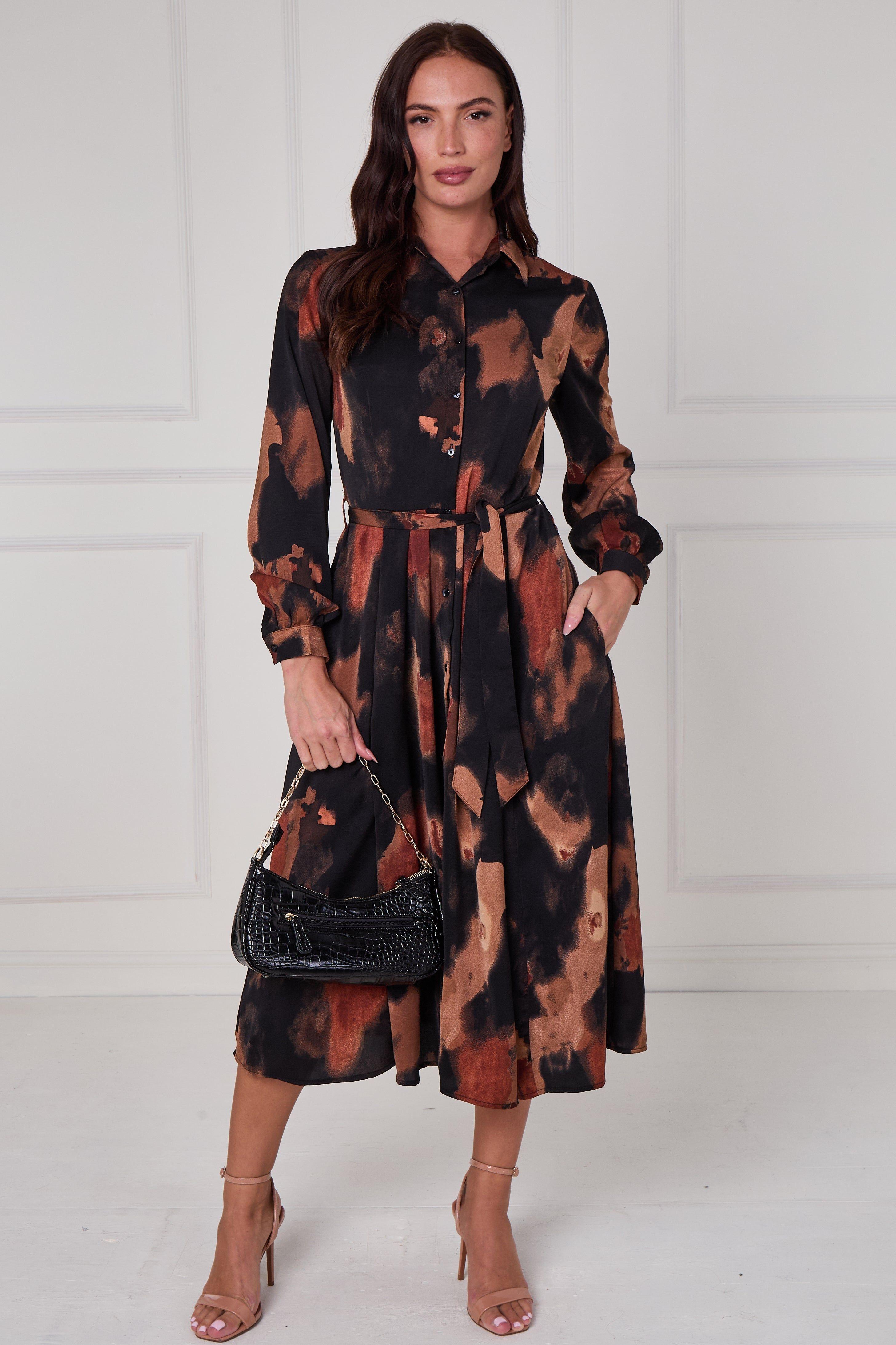 Brown Abstract Print Midi Shirt Dress by LOVE SUNSHINE