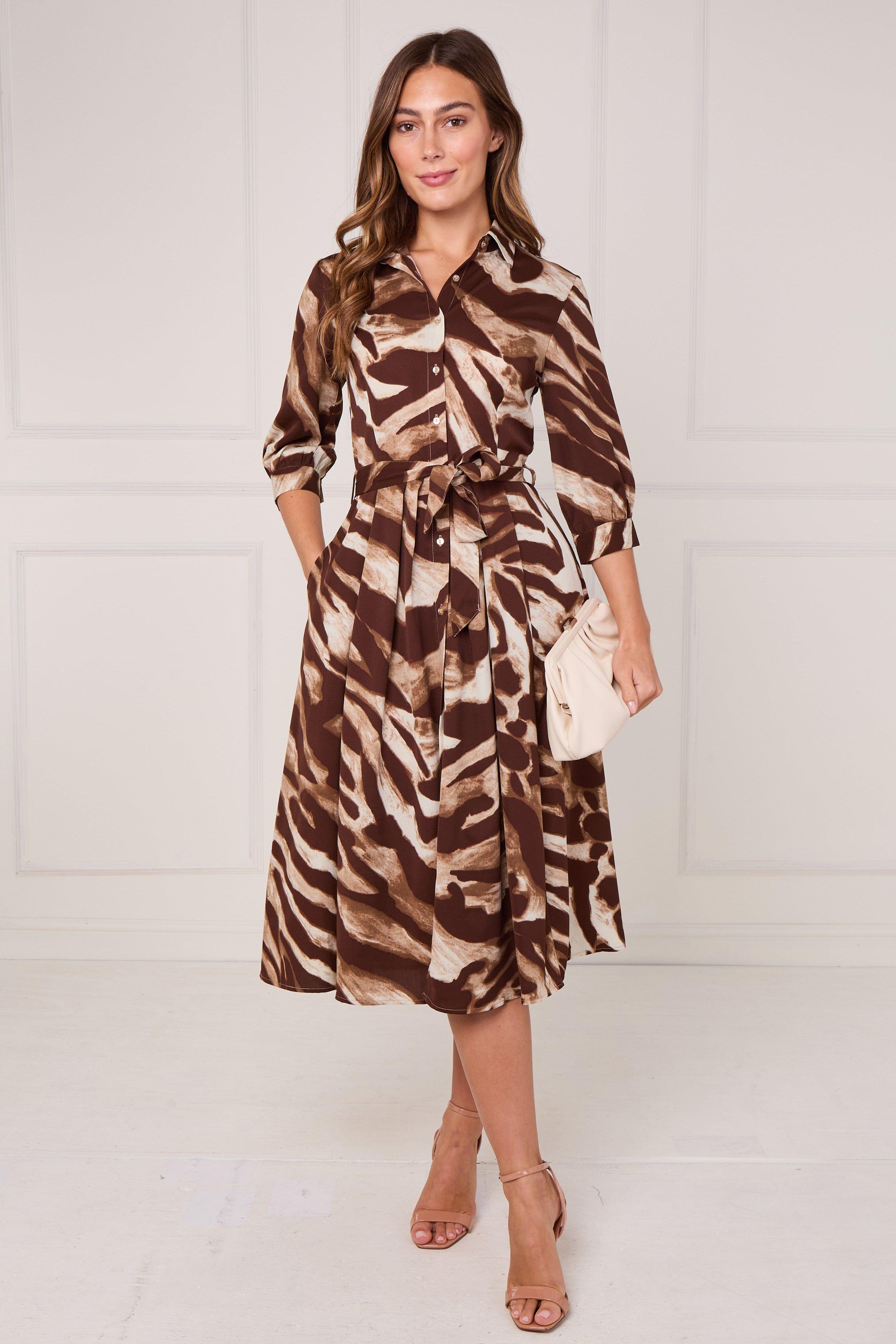 Brown Brushstroke Print Half Sleeve Midi Shirt Dress by LOVE SUNSHINE