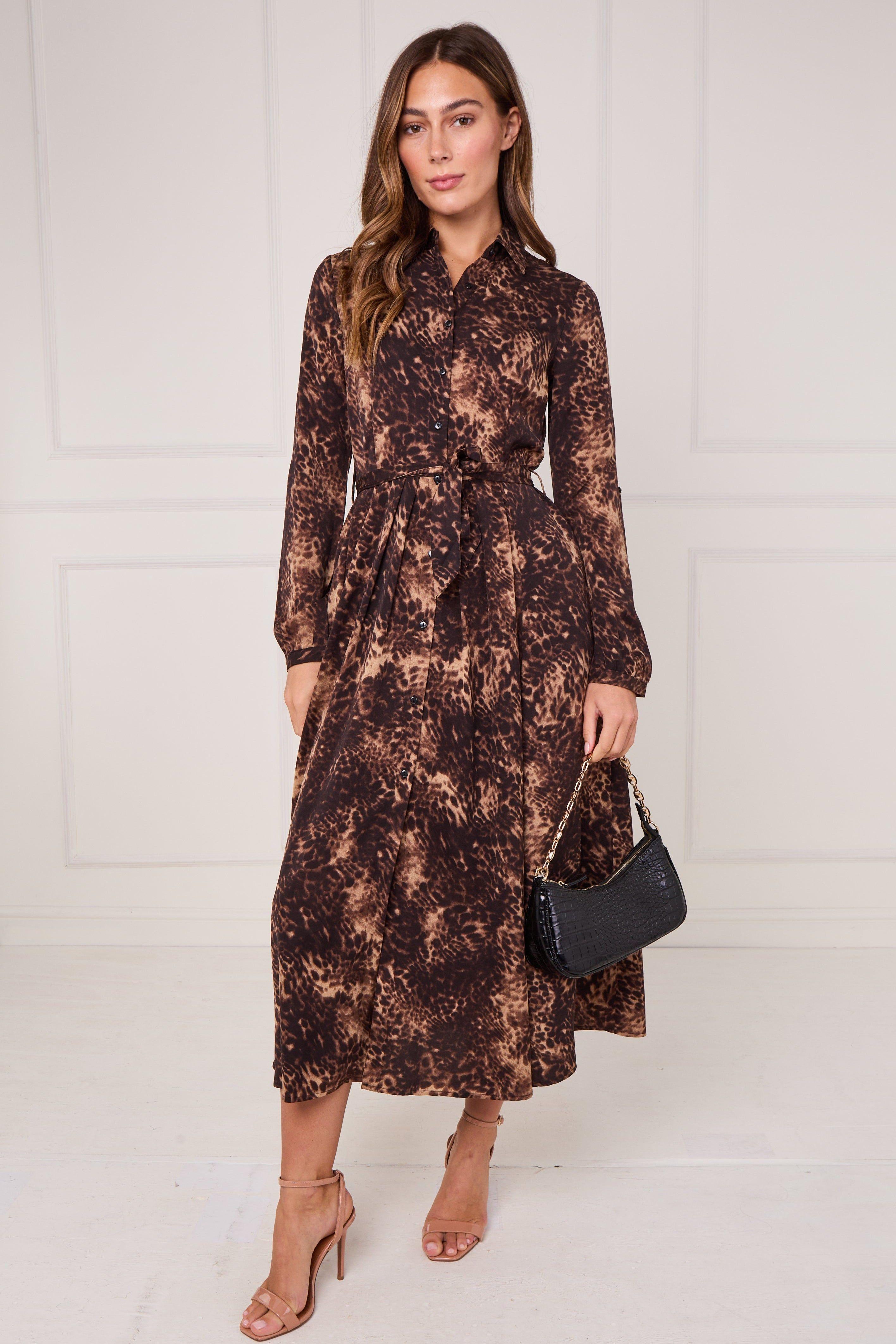 Brown Leopard Print Midaxi Shirt Dress by LOVE SUNSHINE