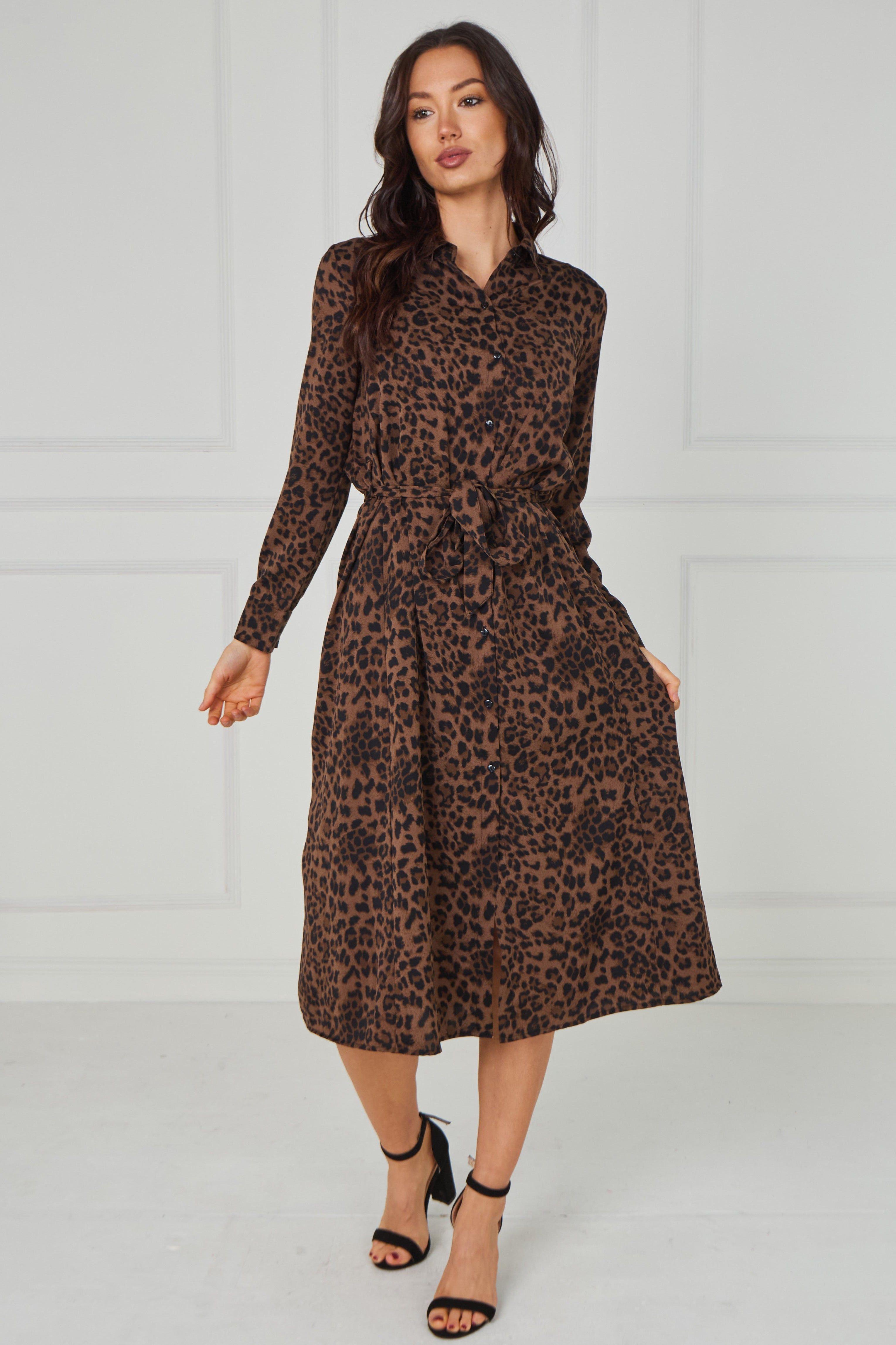 Brown Leopard Print Tie-Waist Button Midi Shirt Dress by LOVE SUNSHINE