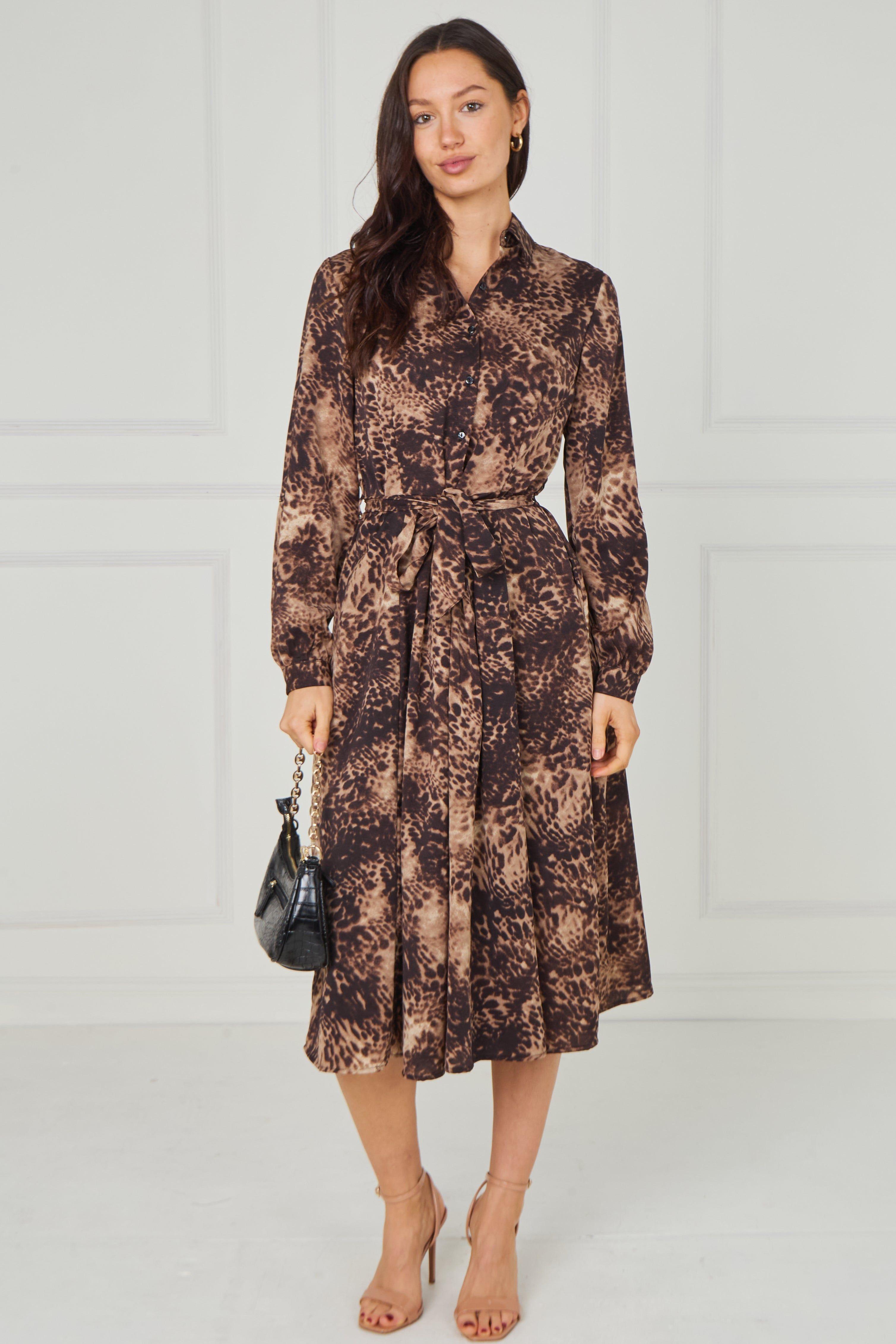 Brown Leopard Smudge Print Midi Shirt Dress by LOVE SUNSHINE