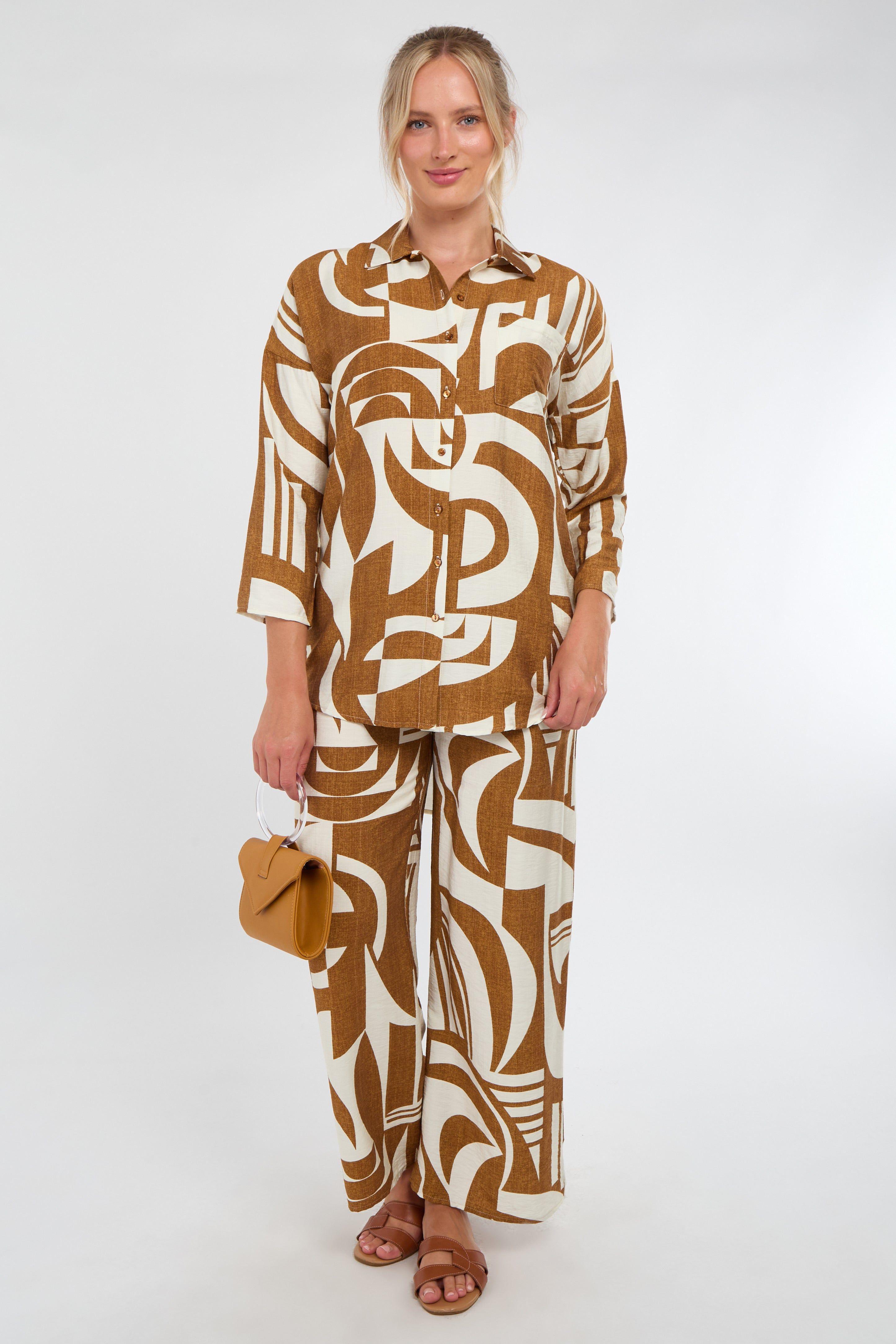 Brown and Cream Abstract Geo Print Co-Ord Set by LOVE SUNSHINE