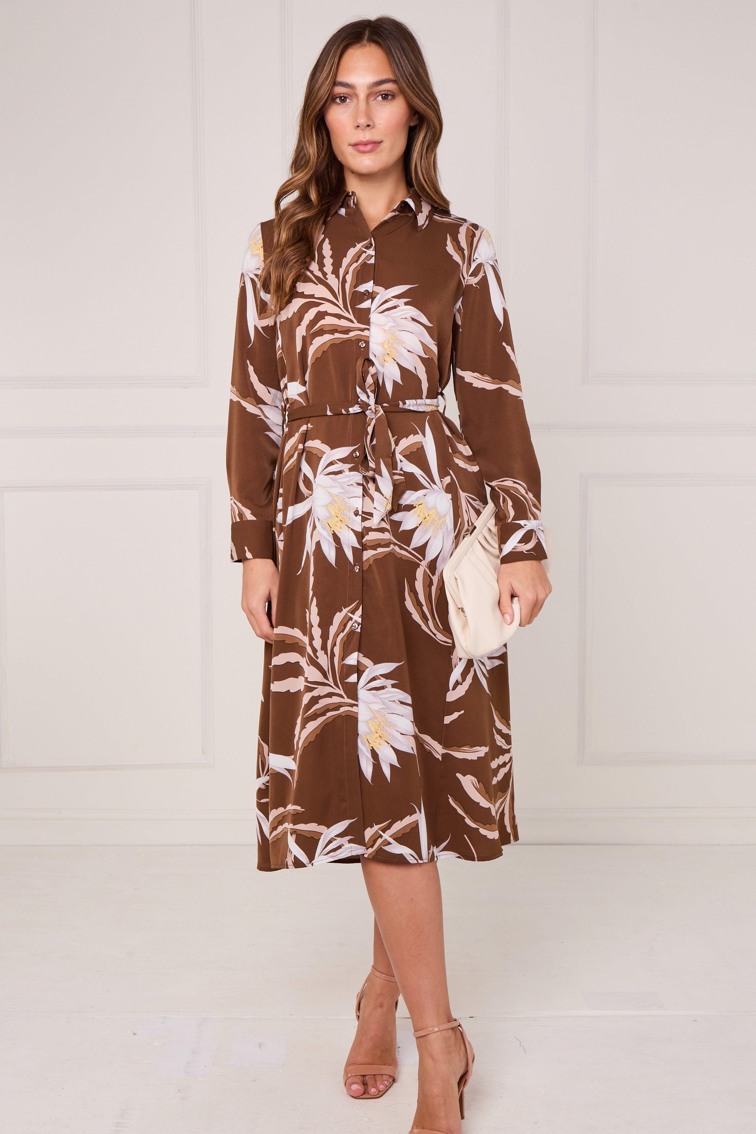 Brown and Ivory Botanical Floral Print Midi Shirt Dress by LOVE SUNSHINE