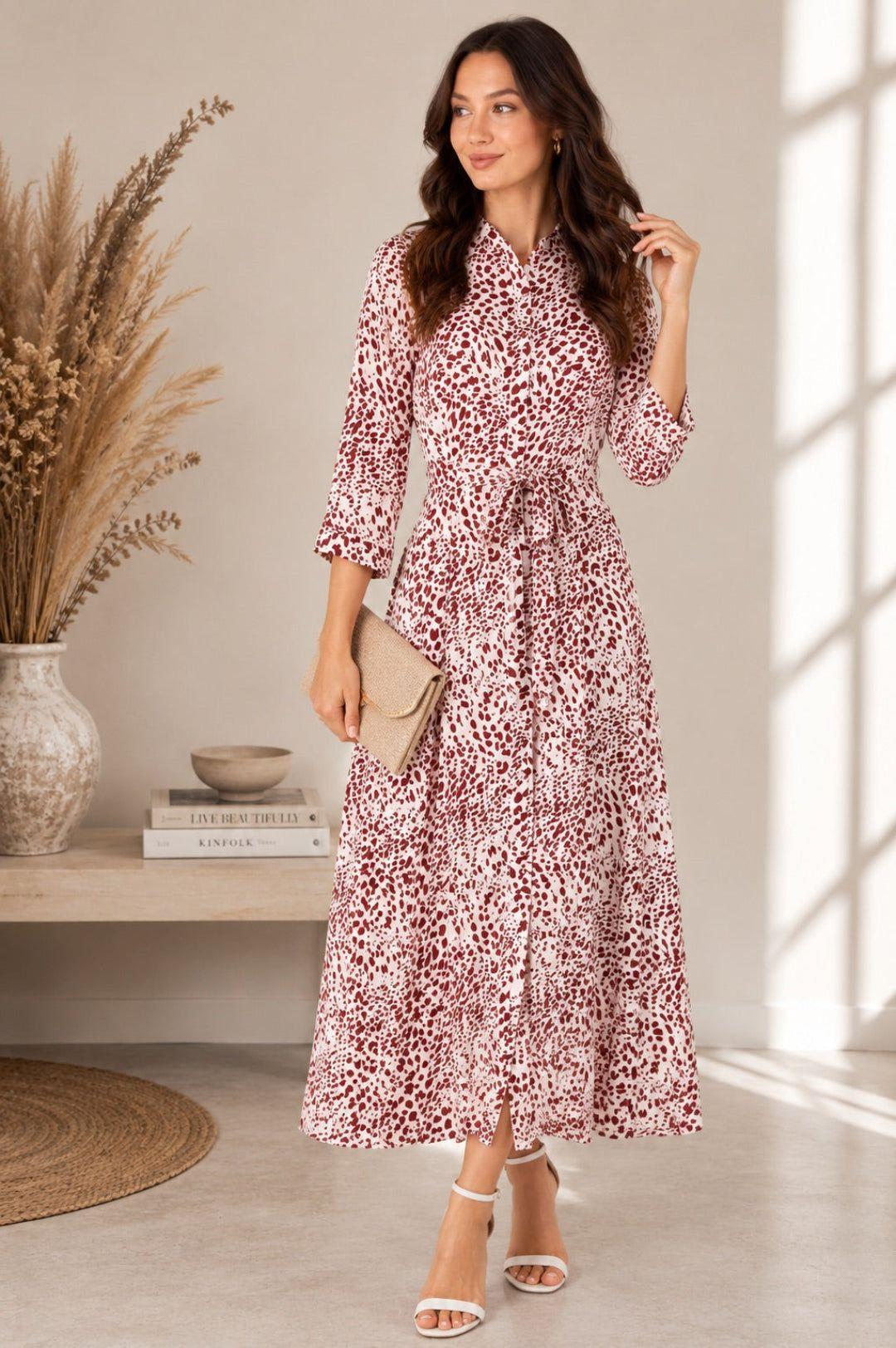 Burgundy Animal Print Tie Waist Maxi Shirt Dress by LOVE SUNSHINE