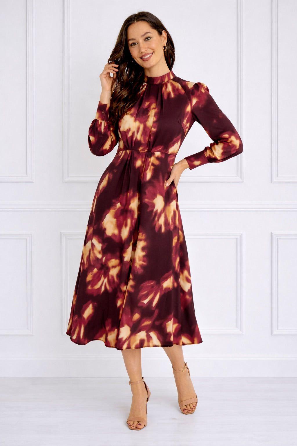 Burgundy Tie-Dye Print Pleated Skirt Maxi Dress by LOVE SUNSHINE