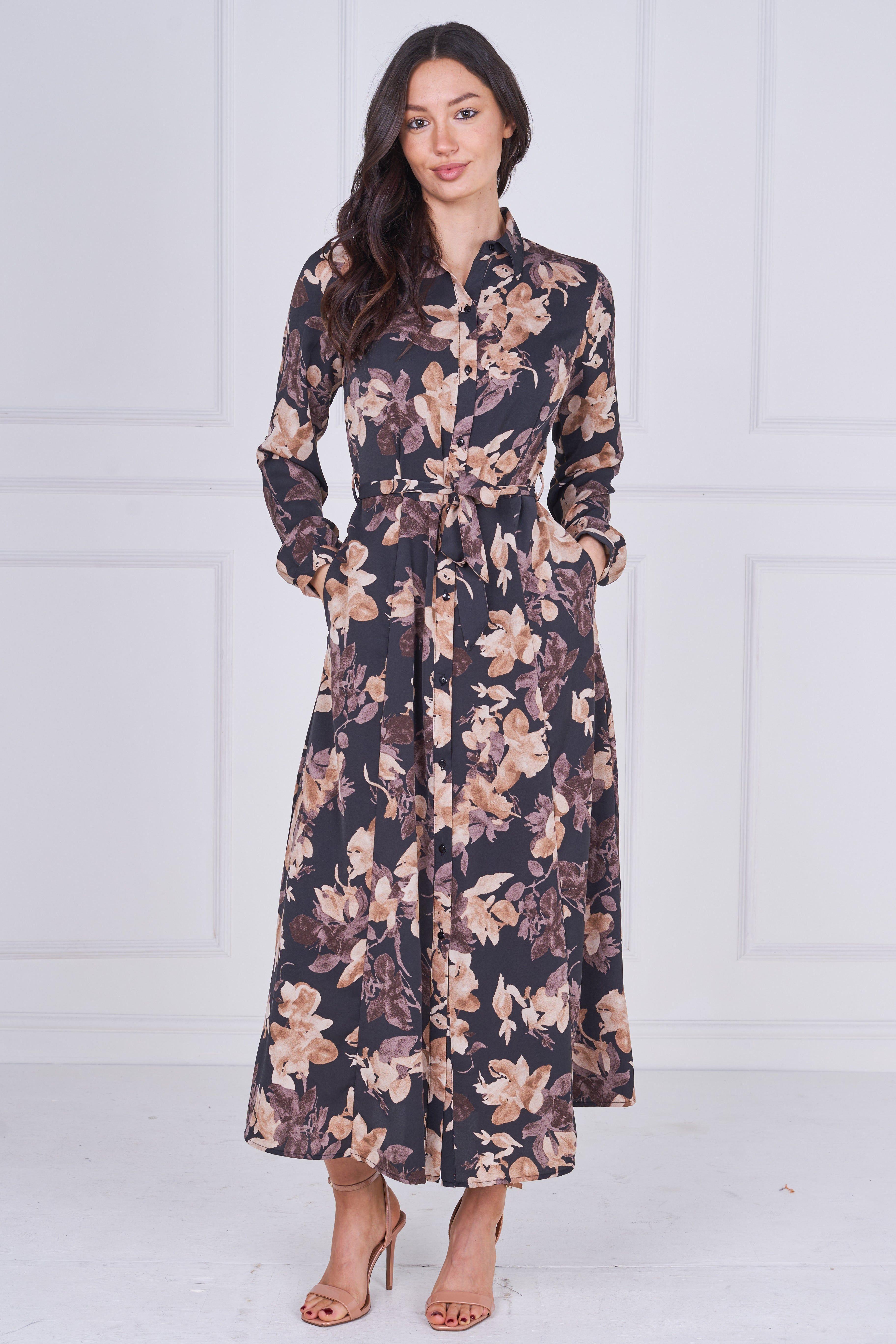 Charcoal and Mocha Floral Belted Midaxi Shirt Dress by LOVE SUNSHINE