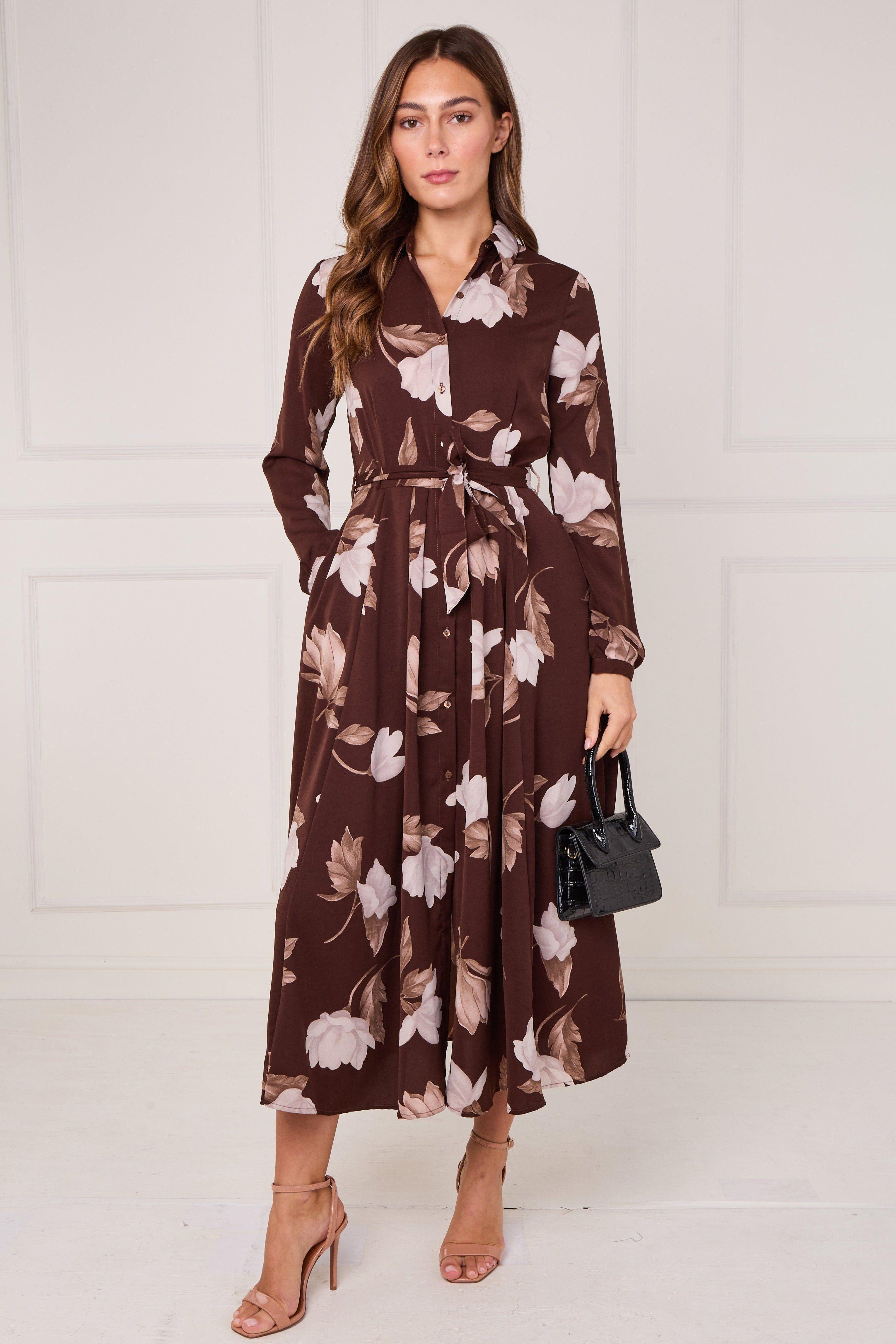 Chocolate and Cream Magnolia Print Maxi Shirt Dress by LOVE SUNSHINE