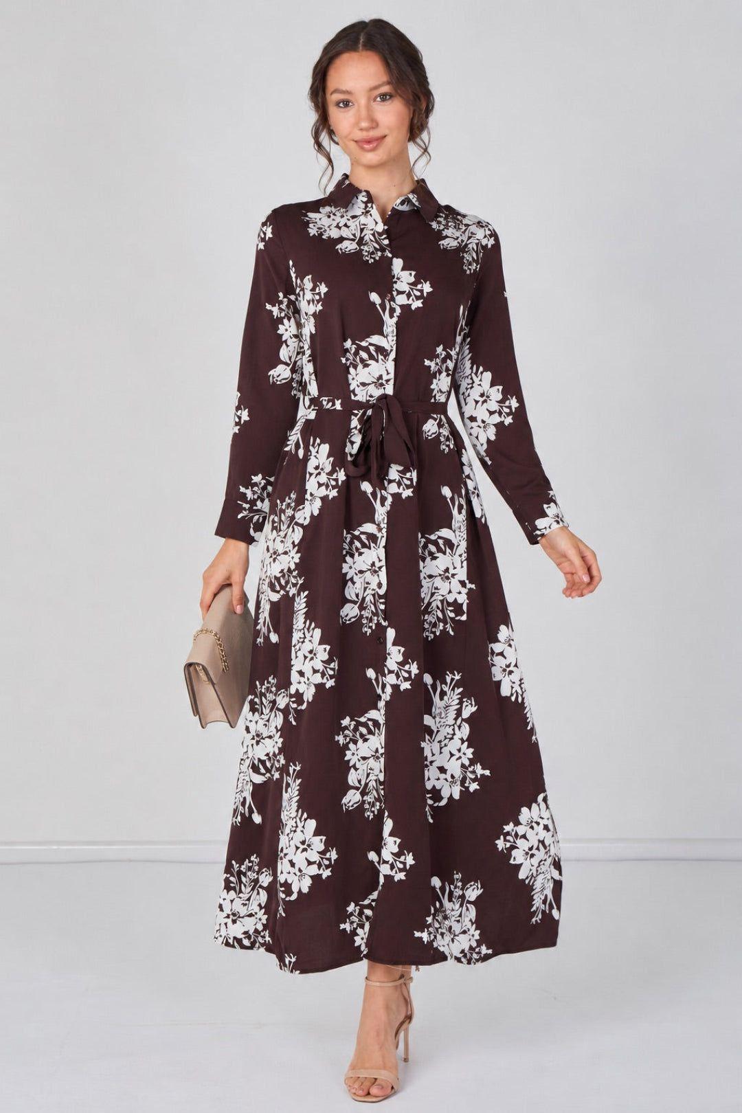 Chocolate and White Floral Belted Maxi Shirt Dress by LOVE SUNSHINE