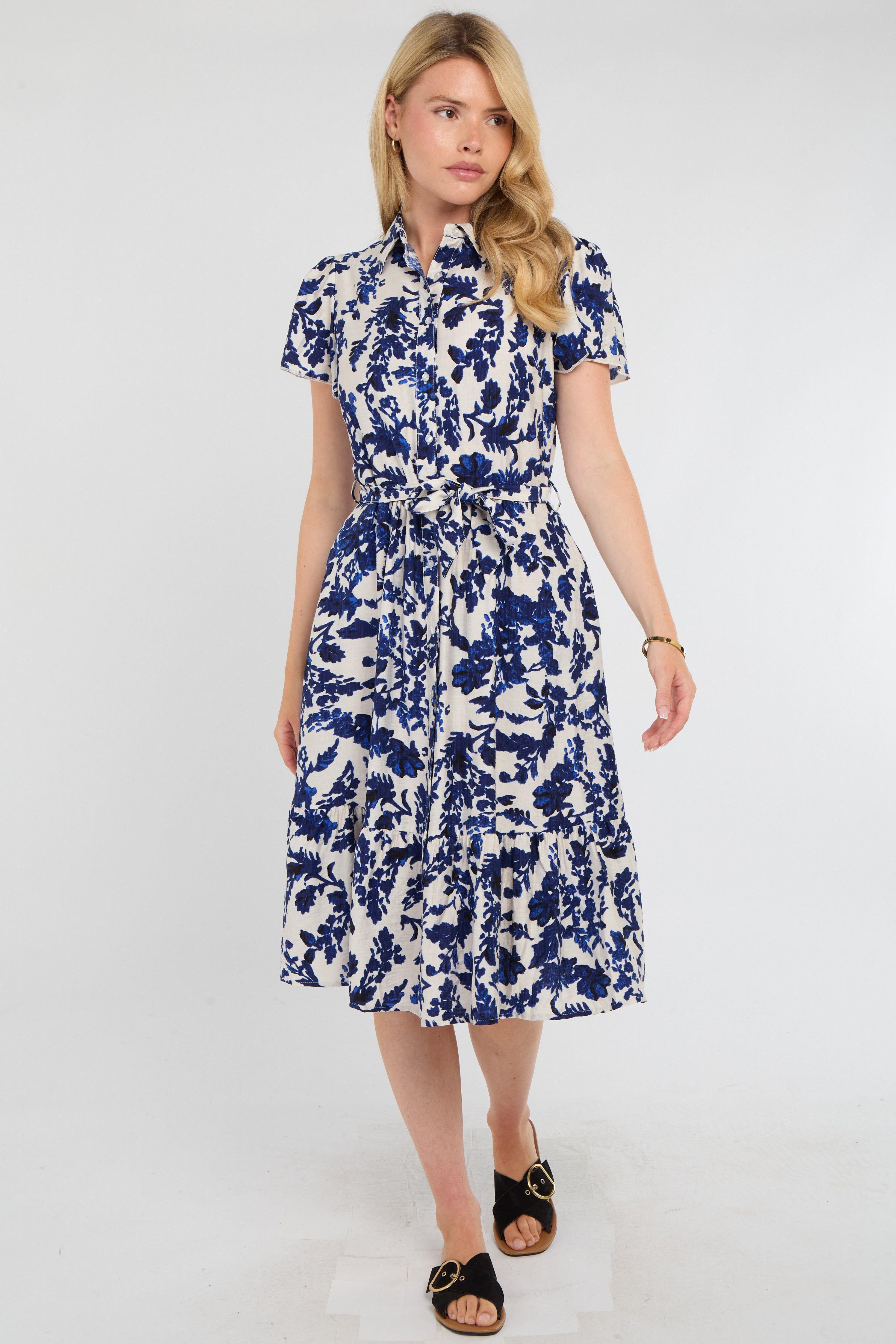 Cobalt Leaf Print Linen-Blend Midi Shirt Dress by LOVE SUNSHINE