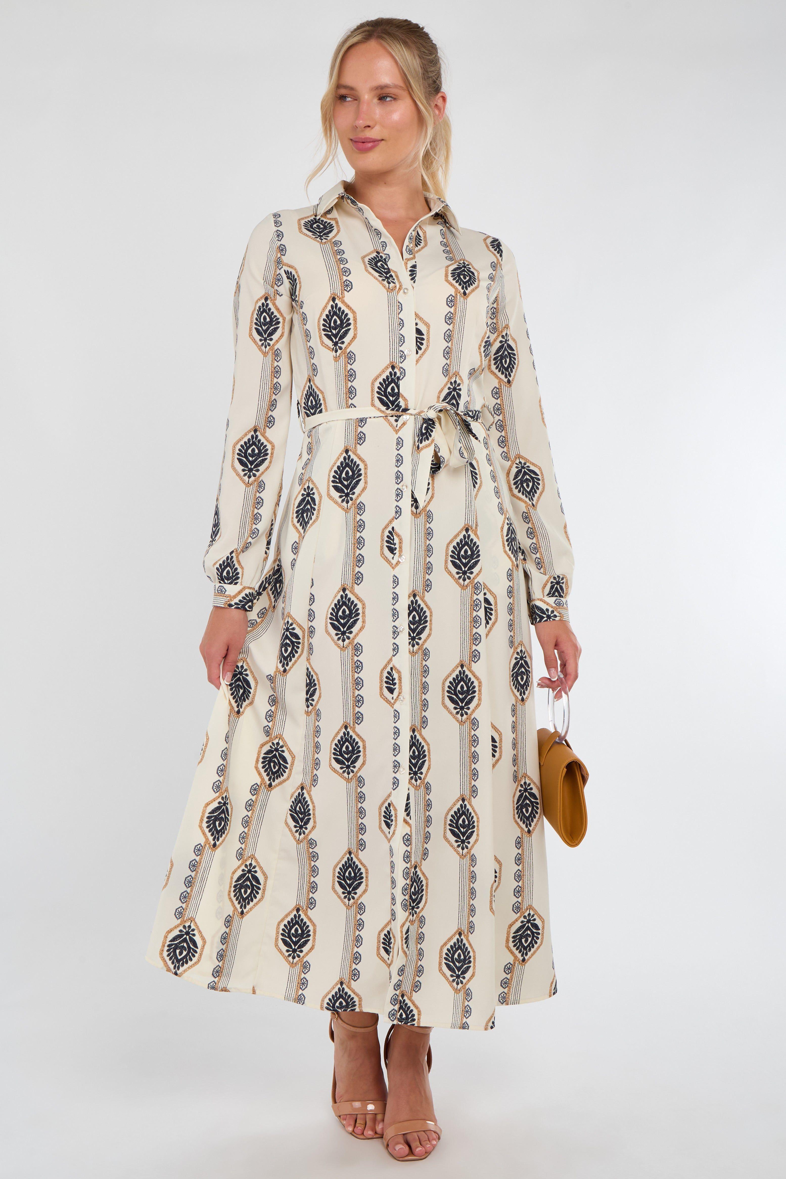 Cream and Navy Boho Print Maxi Shirt Dress by LOVE SUNSHINE Cream and Navy Boho Print Maxi Shirt Dress by LOVE SUNSHINE