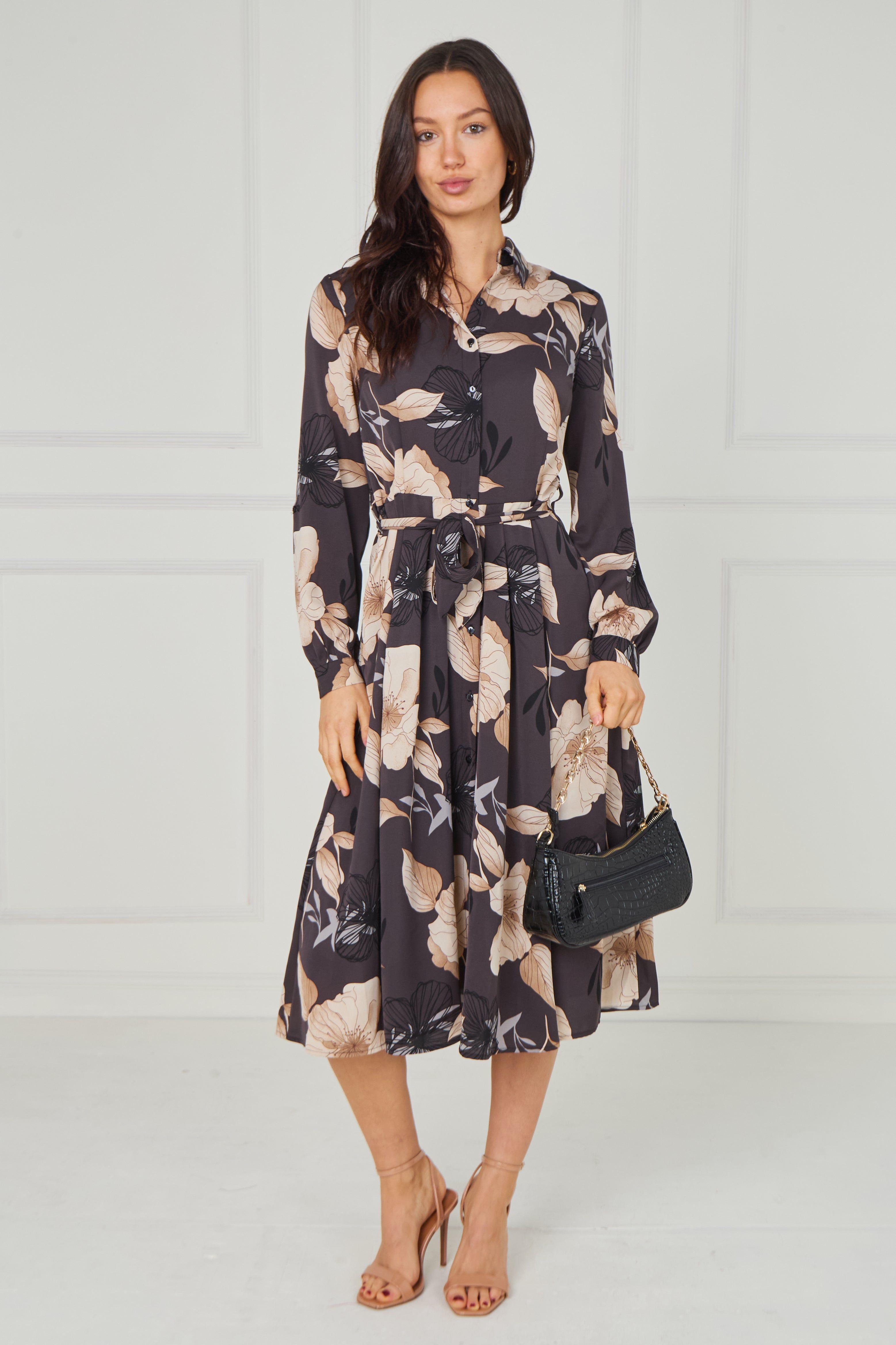 Dark Charcoal Floral Print Midi Shirt Dress by LOVE SUNSHINE