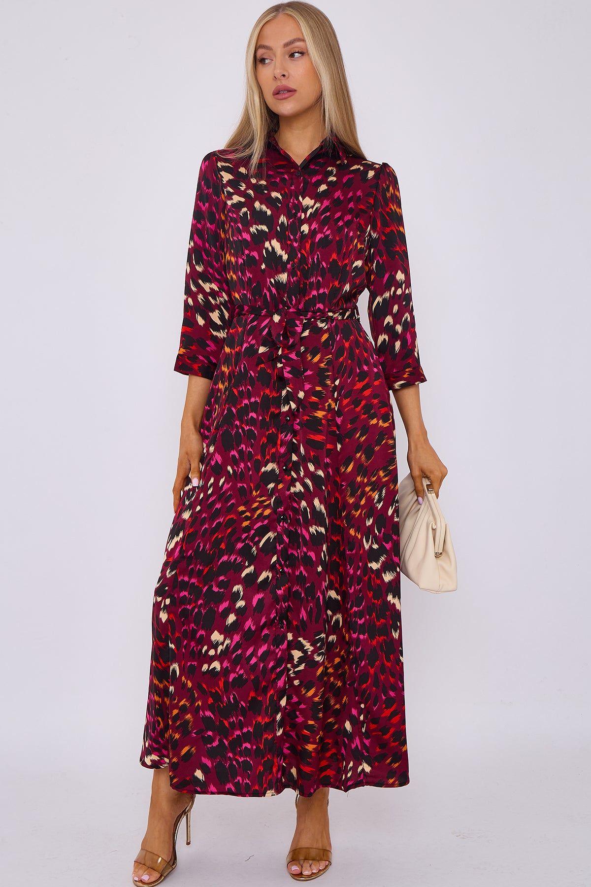 Deep Fuchsia Leopard Print Satin Maxi Shirt Dress by LOVE SUNSHINE