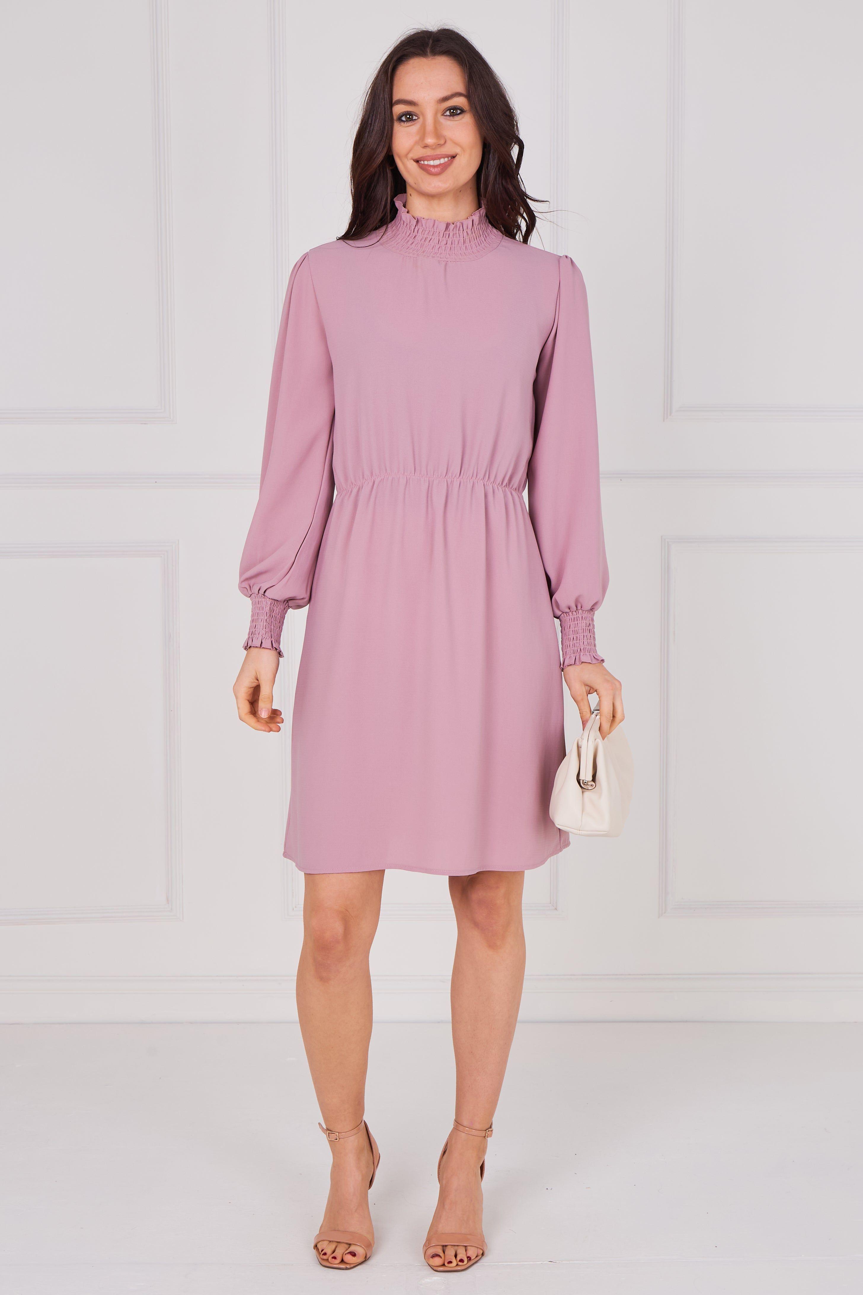 Dusty Rose Shirred Neck Long Sleeve Dress by LOVE SUNSHINE
