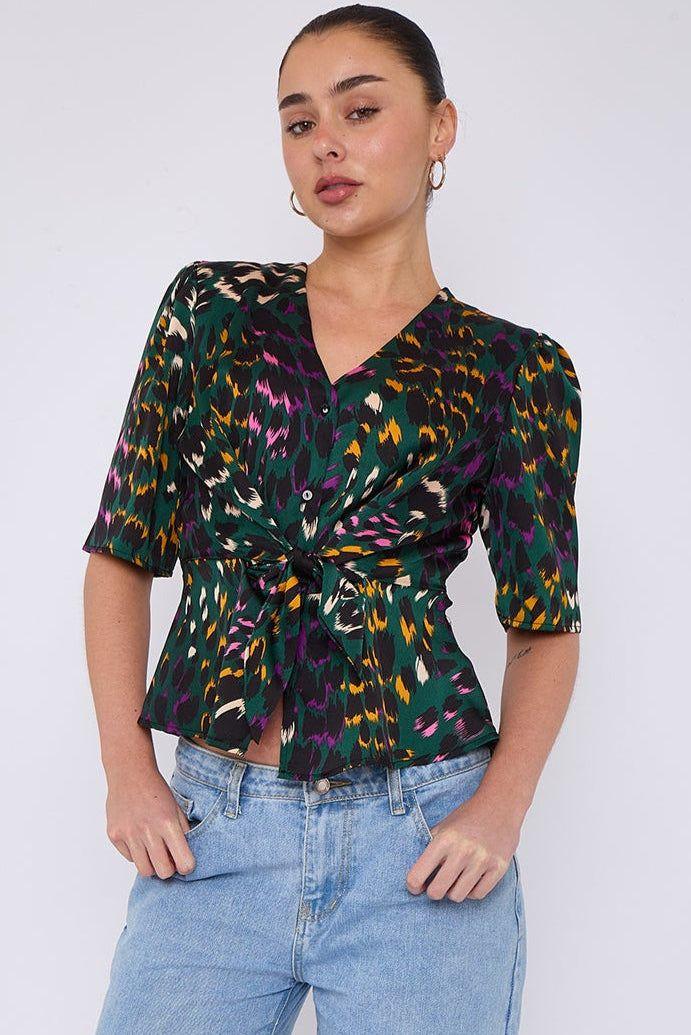 Emerald Leopard Print Knotted Satin Top by LOVE SUNSHINE