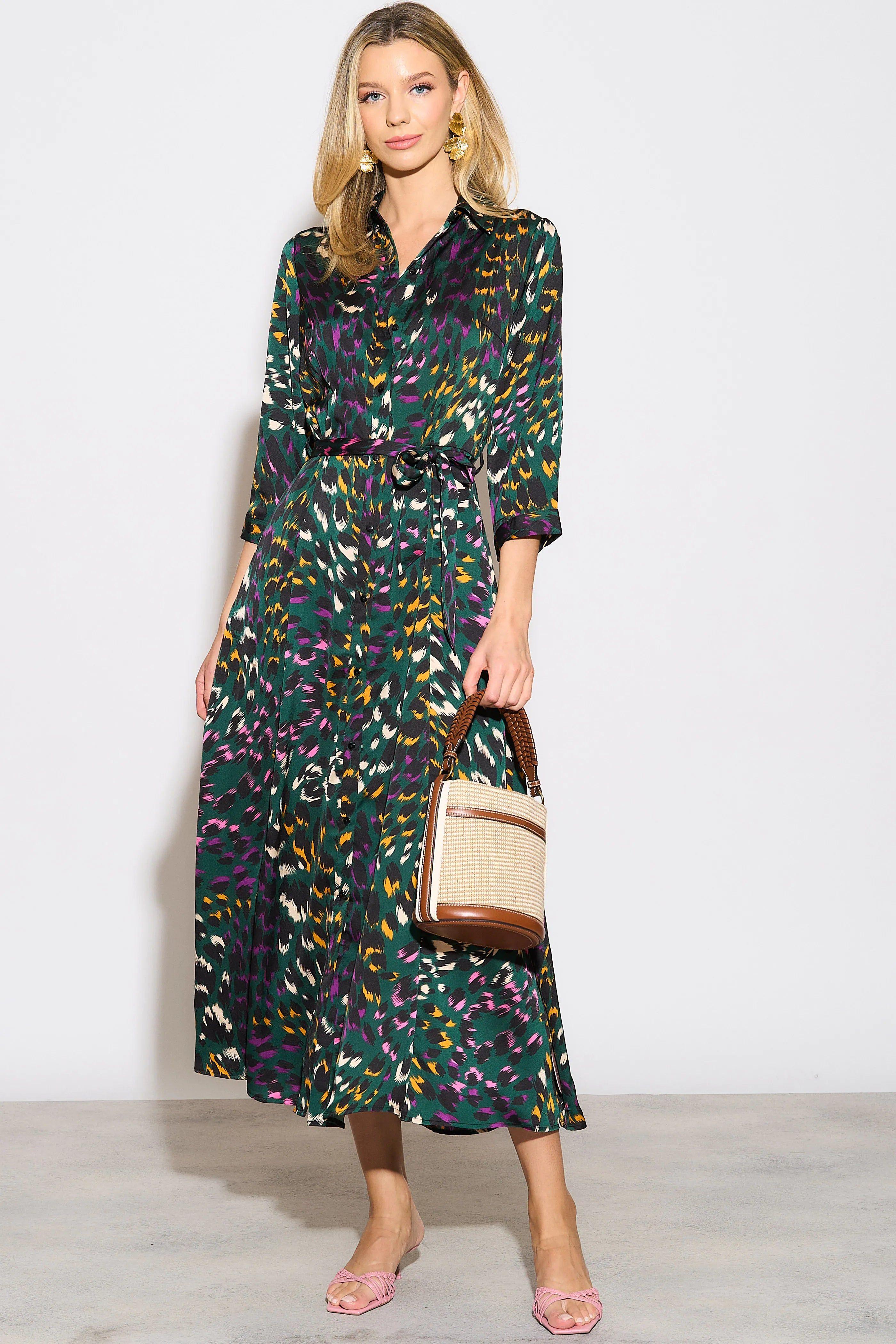 Emerald Leopard Print Satin Maxi Shirt Dress by LOVE SUNSHINE