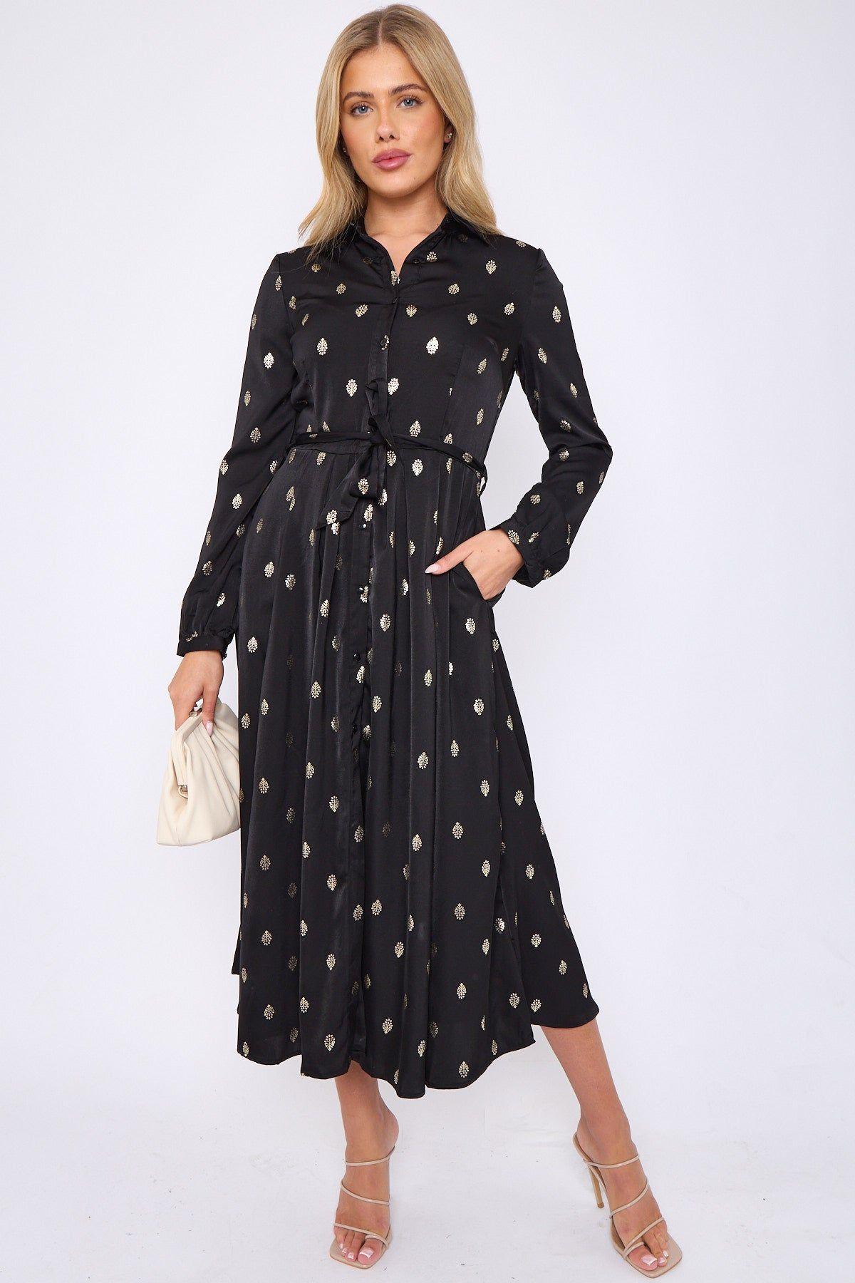 Gold Foil Pattern Print Black Midaxi Shirt Dress by LOVE SUNSHINE