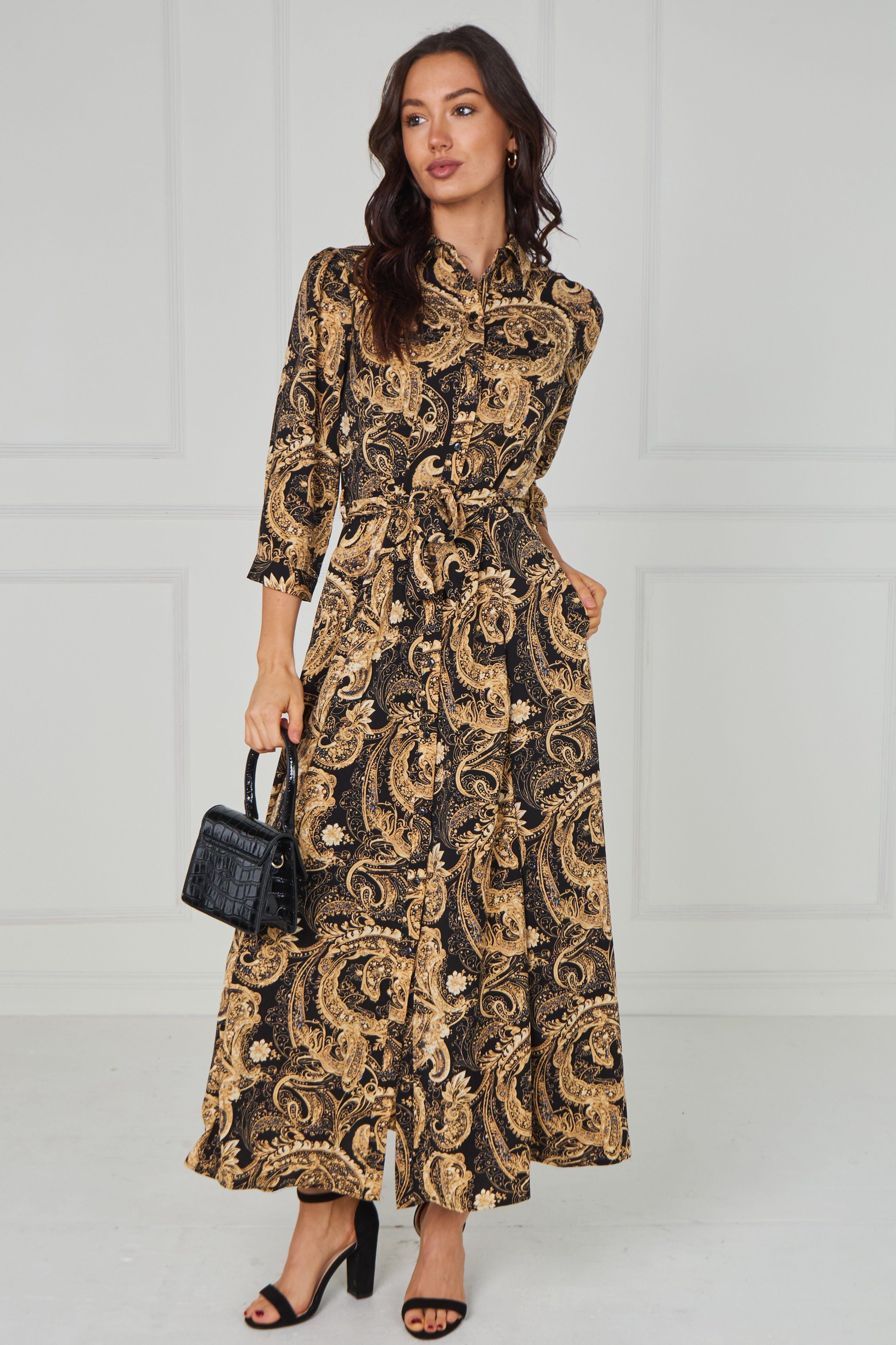 Gold Ornate Print Belted Maxi Shirt Dress by LOVE SUNSHINE