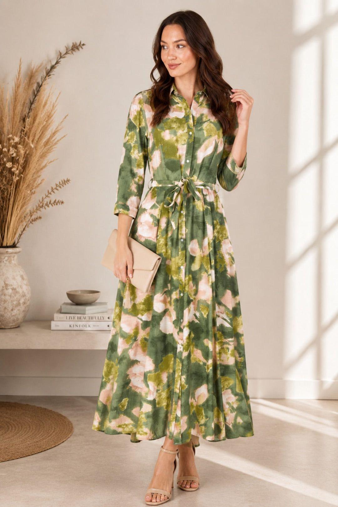 Green Abstract Print Tie Waist Maxi Shirt Dress by LOVE SUNSHINE
