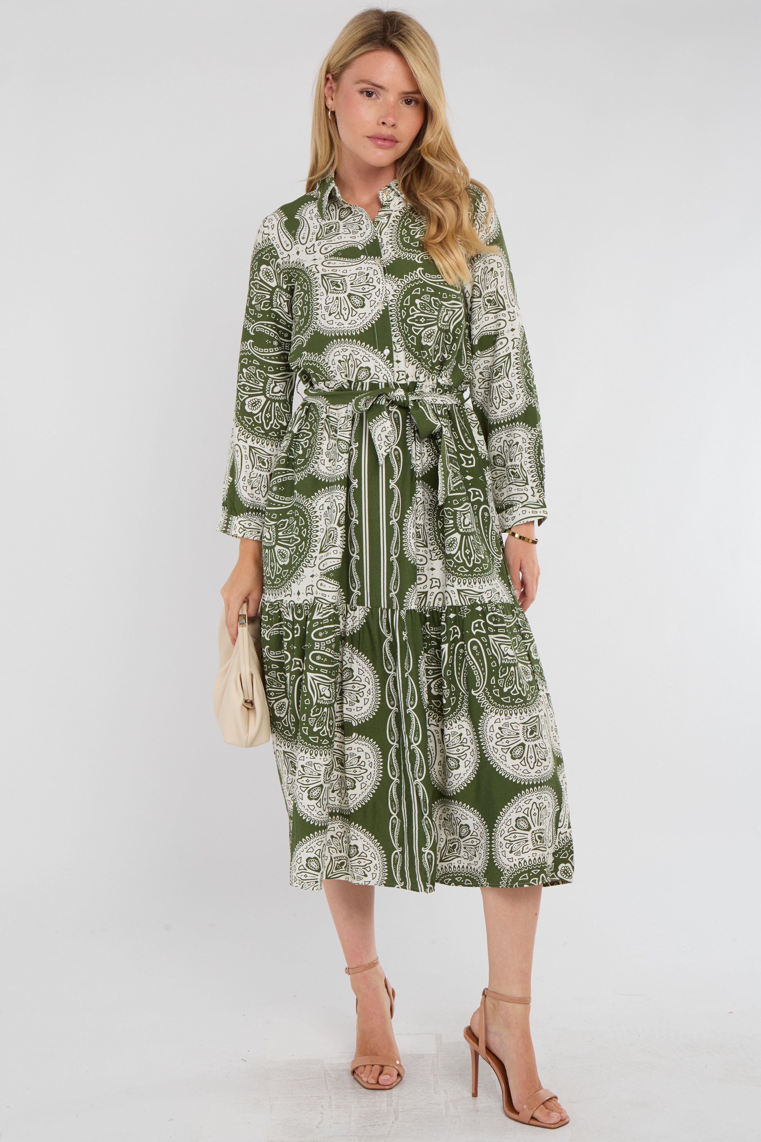 Green Boho Paisley Tile Print Tiered Midi Shirt Dress by LOVE SUNSHINE