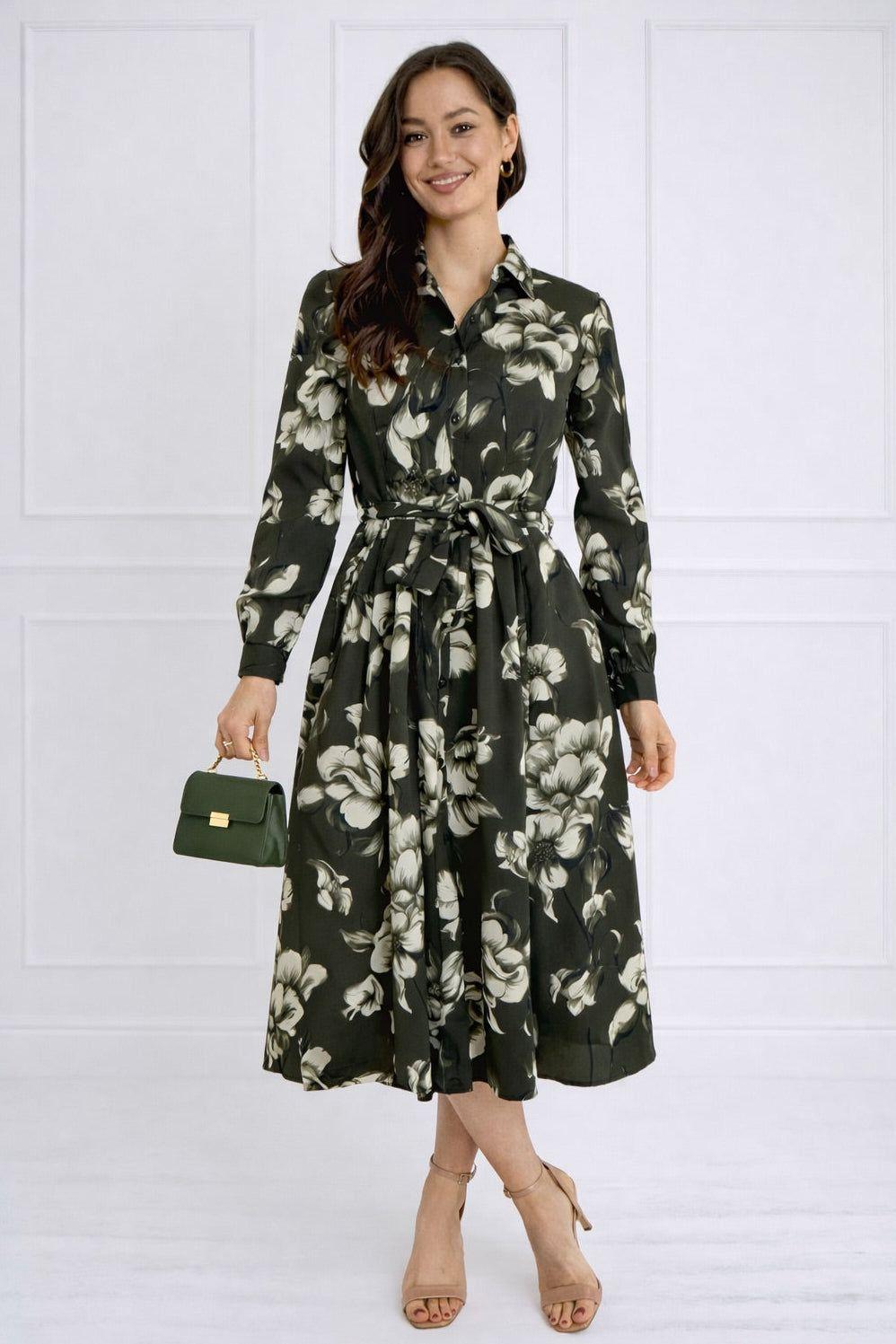 Green Botanical Print Belted Midi Shirt Dress by LOVE SUNSHINE