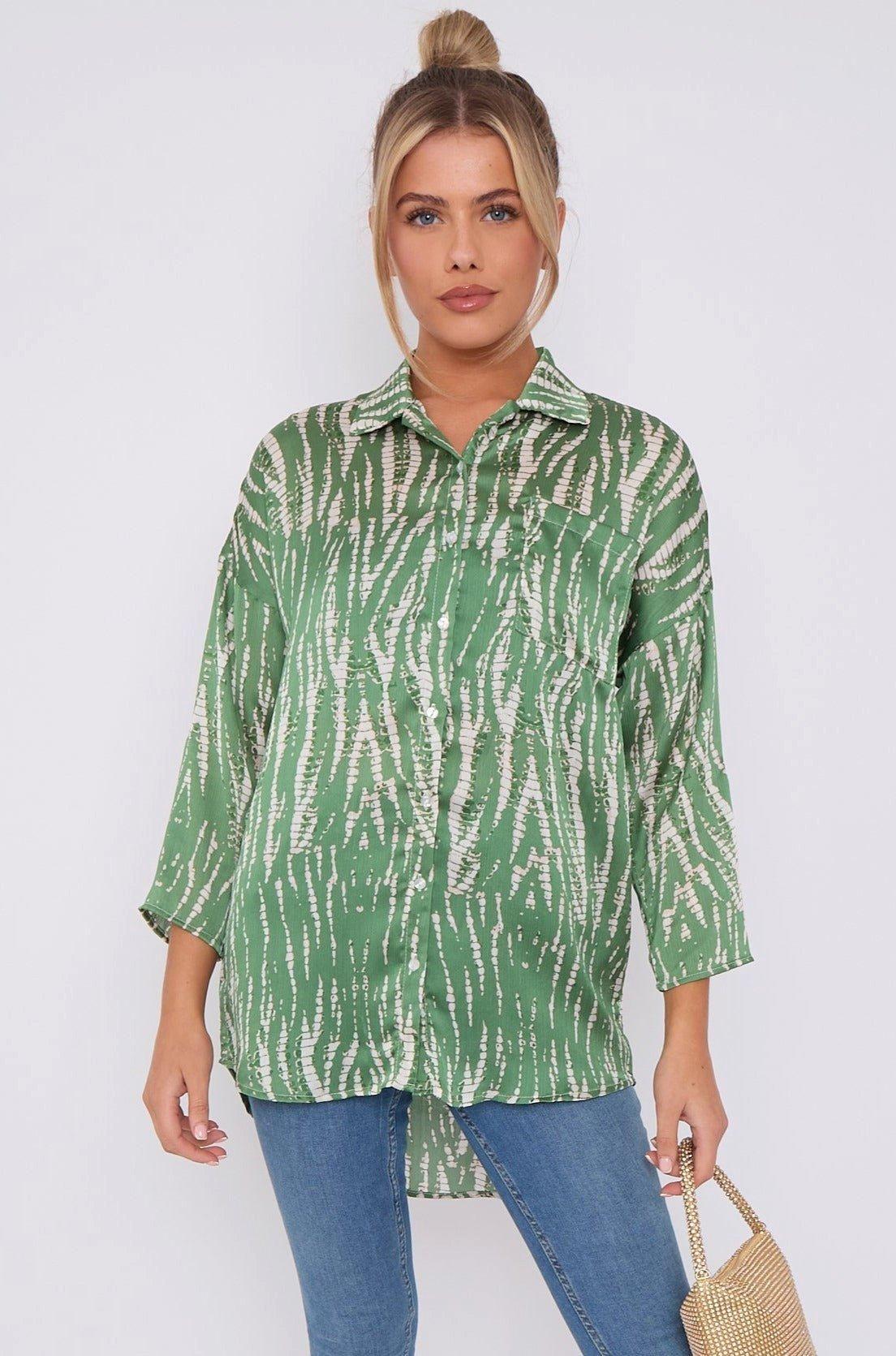 Green Tie Dye Print Satin Oversized Shirt by LOVE SUNSHINE